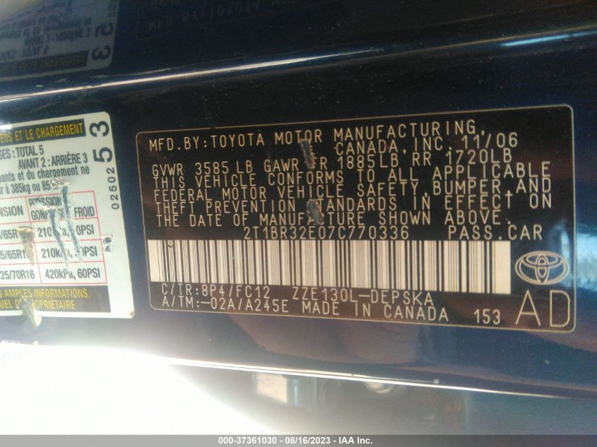 Photo 8 VIN: 2T1BR32E07C770336 - TOYOTA COROLLA 