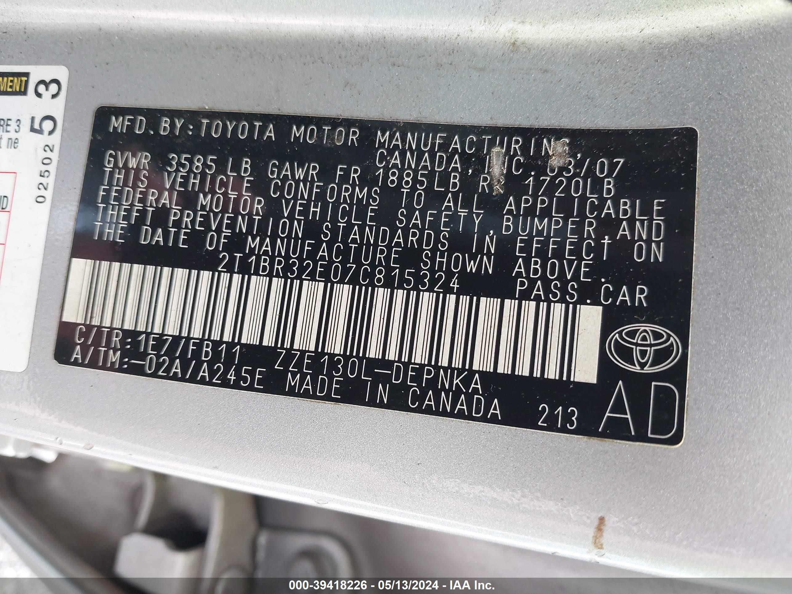 Photo 8 VIN: 2T1BR32E07C815324 - TOYOTA COROLLA 