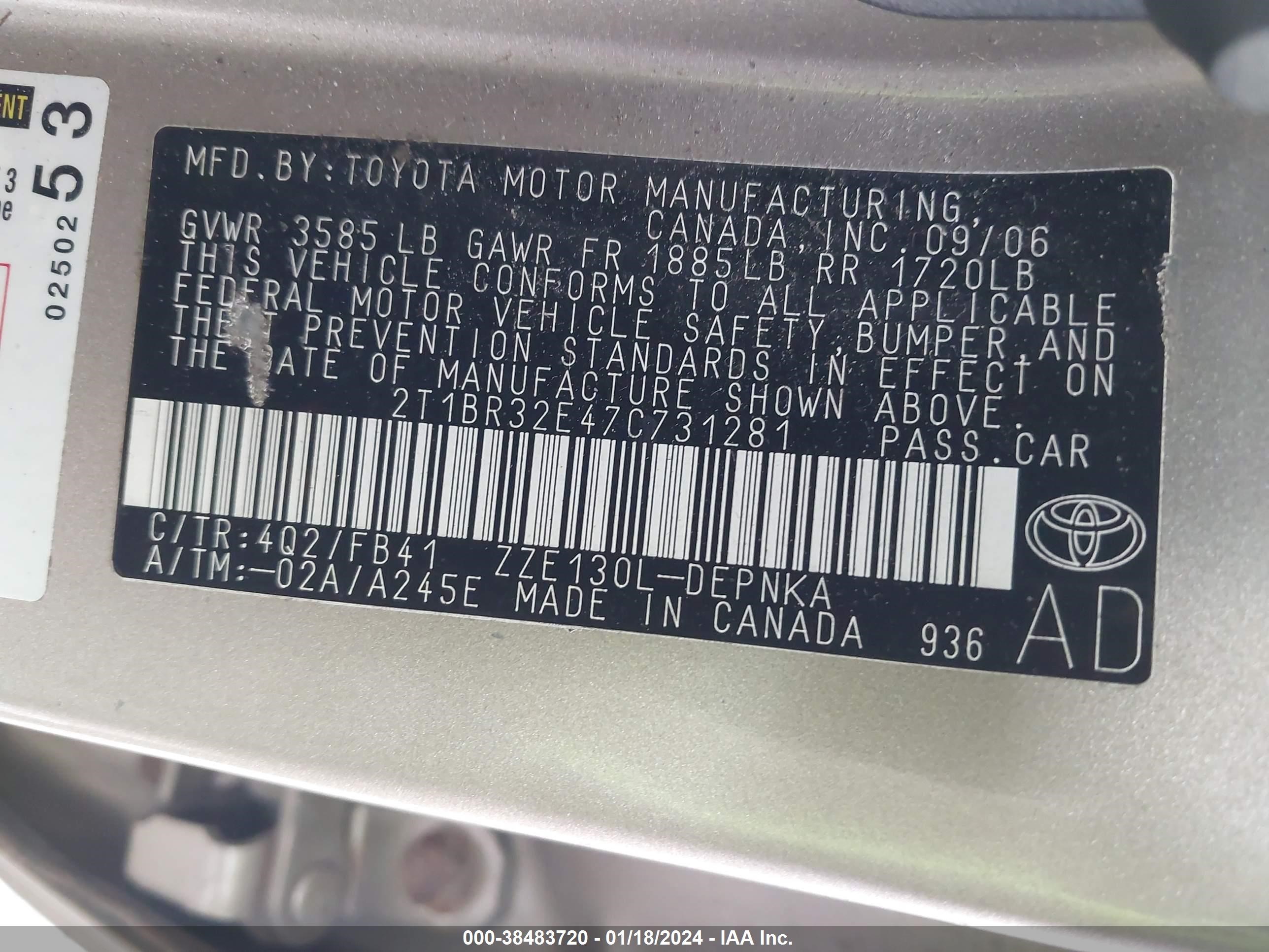 Photo 8 VIN: 2T1BR32E47C731281 - TOYOTA COROLLA 