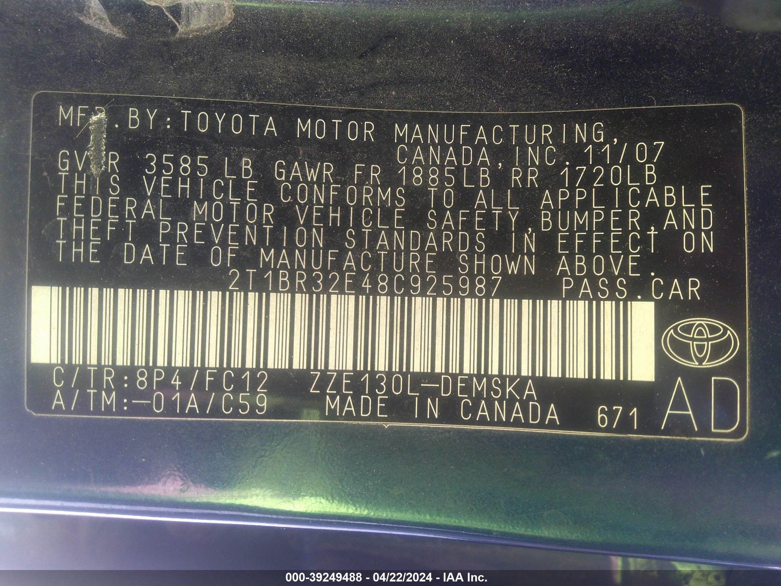 Photo 8 VIN: 2T1BR32E48C925987 - TOYOTA COROLLA 