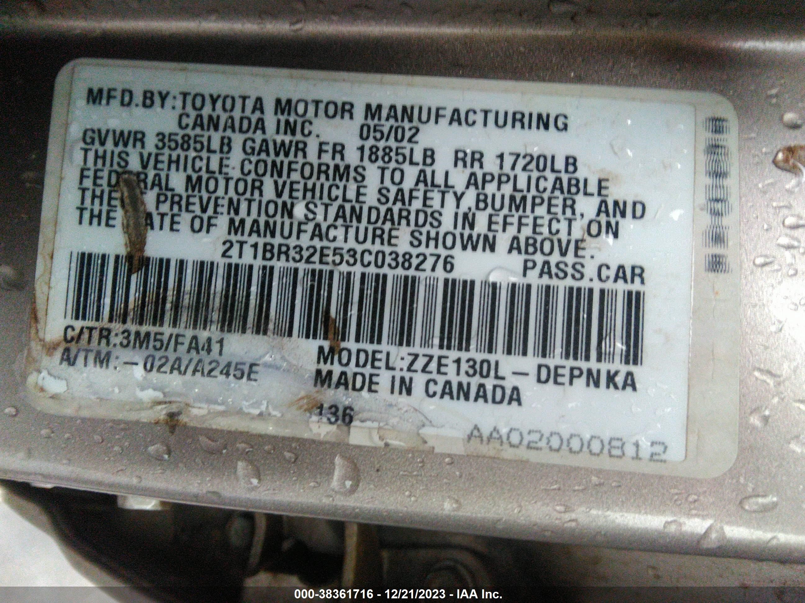 Photo 8 VIN: 2T1BR32E53C038276 - TOYOTA COROLLA 