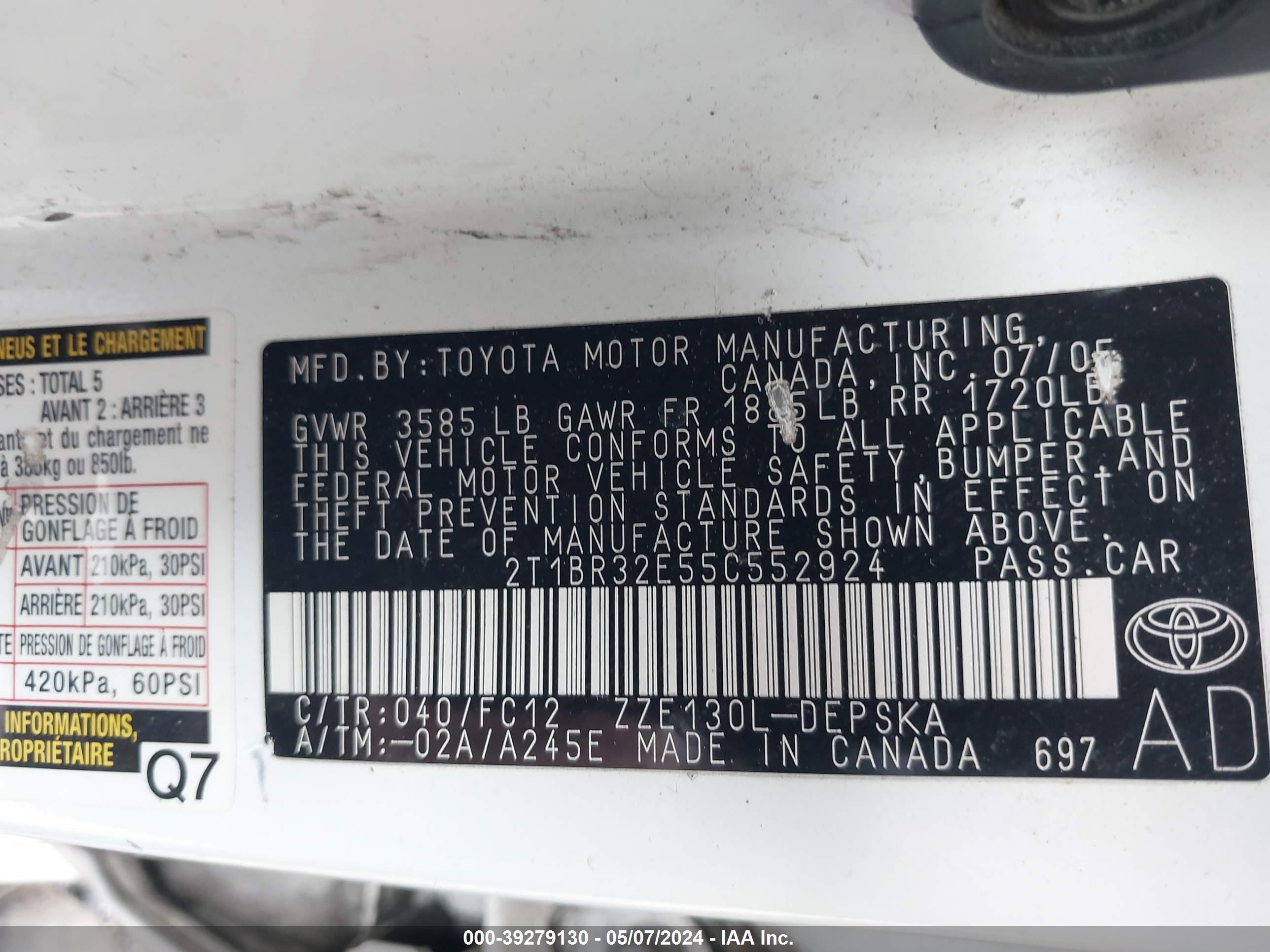 Photo 8 VIN: 2T1BR32E55C552924 - TOYOTA COROLLA 