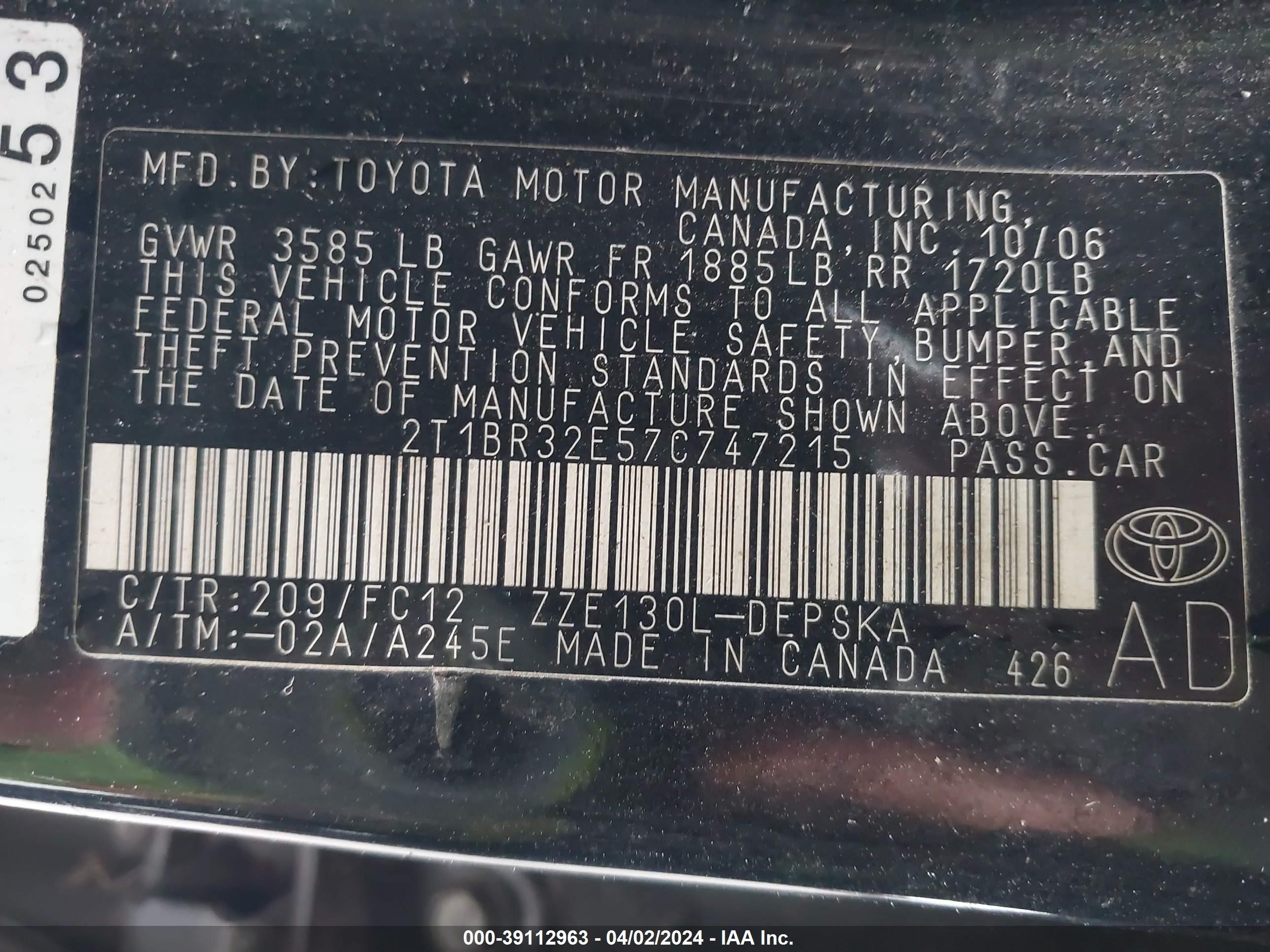 Photo 8 VIN: 2T1BR32E57C747215 - TOYOTA COROLLA 