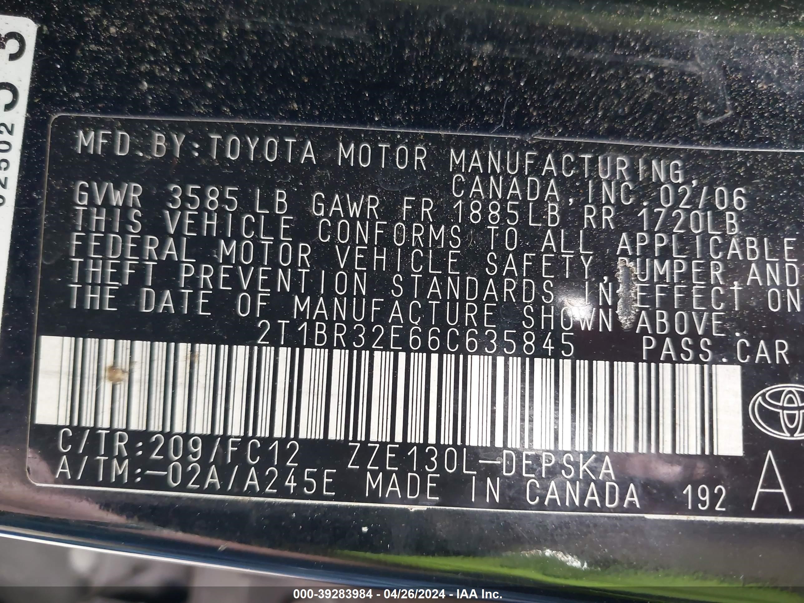 Photo 8 VIN: 2T1BR32E66C635845 - TOYOTA COROLLA 