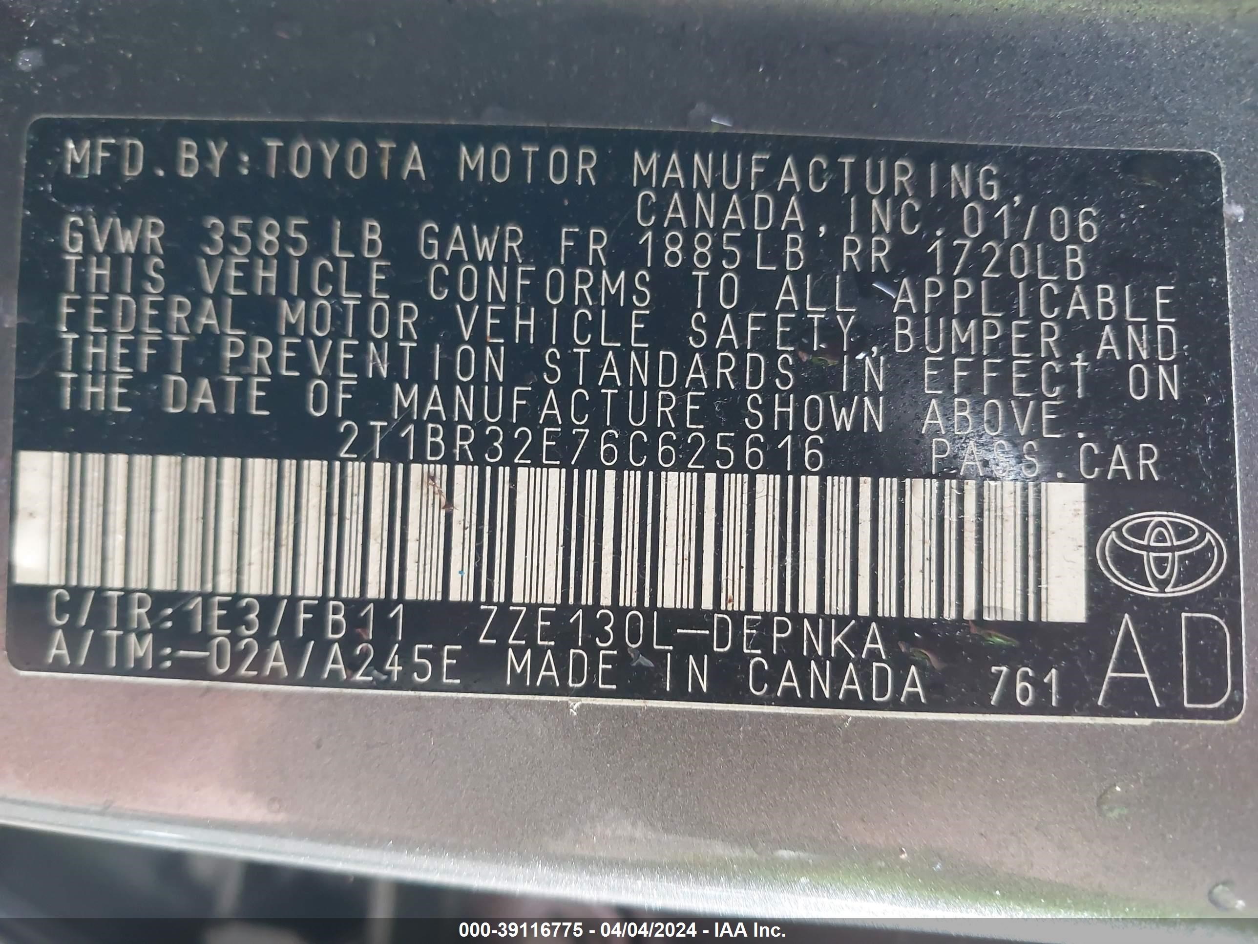 Photo 8 VIN: 2T1BR32E76C625616 - TOYOTA COROLLA 