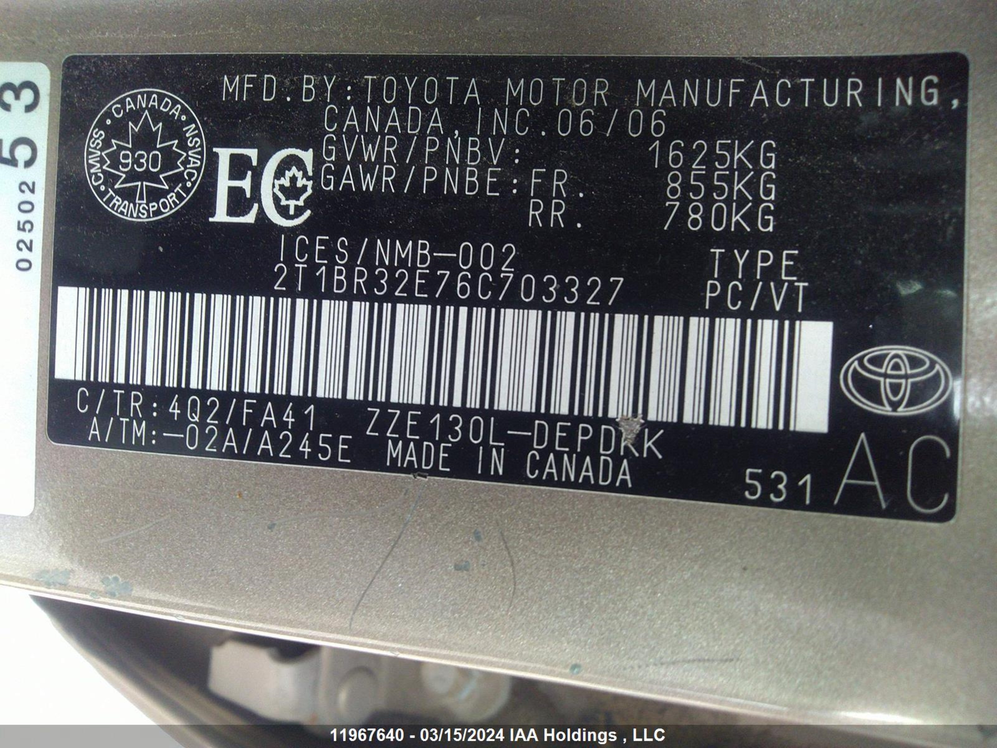 Photo 8 VIN: 2T1BR32E76C703327 - TOYOTA COROLLA 