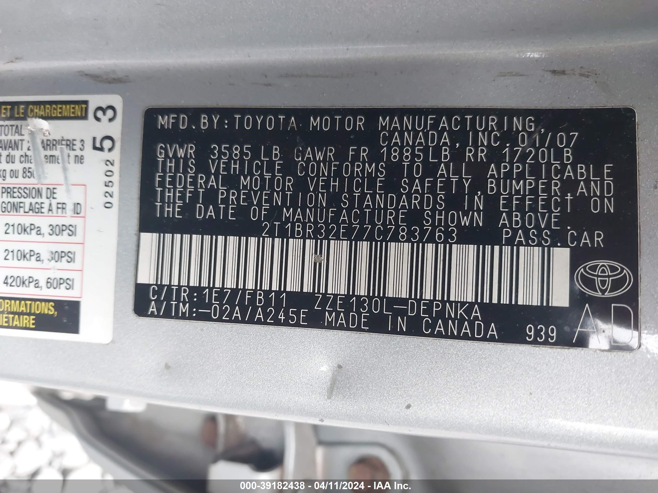 Photo 8 VIN: 2T1BR32E77C783763 - TOYOTA COROLLA 