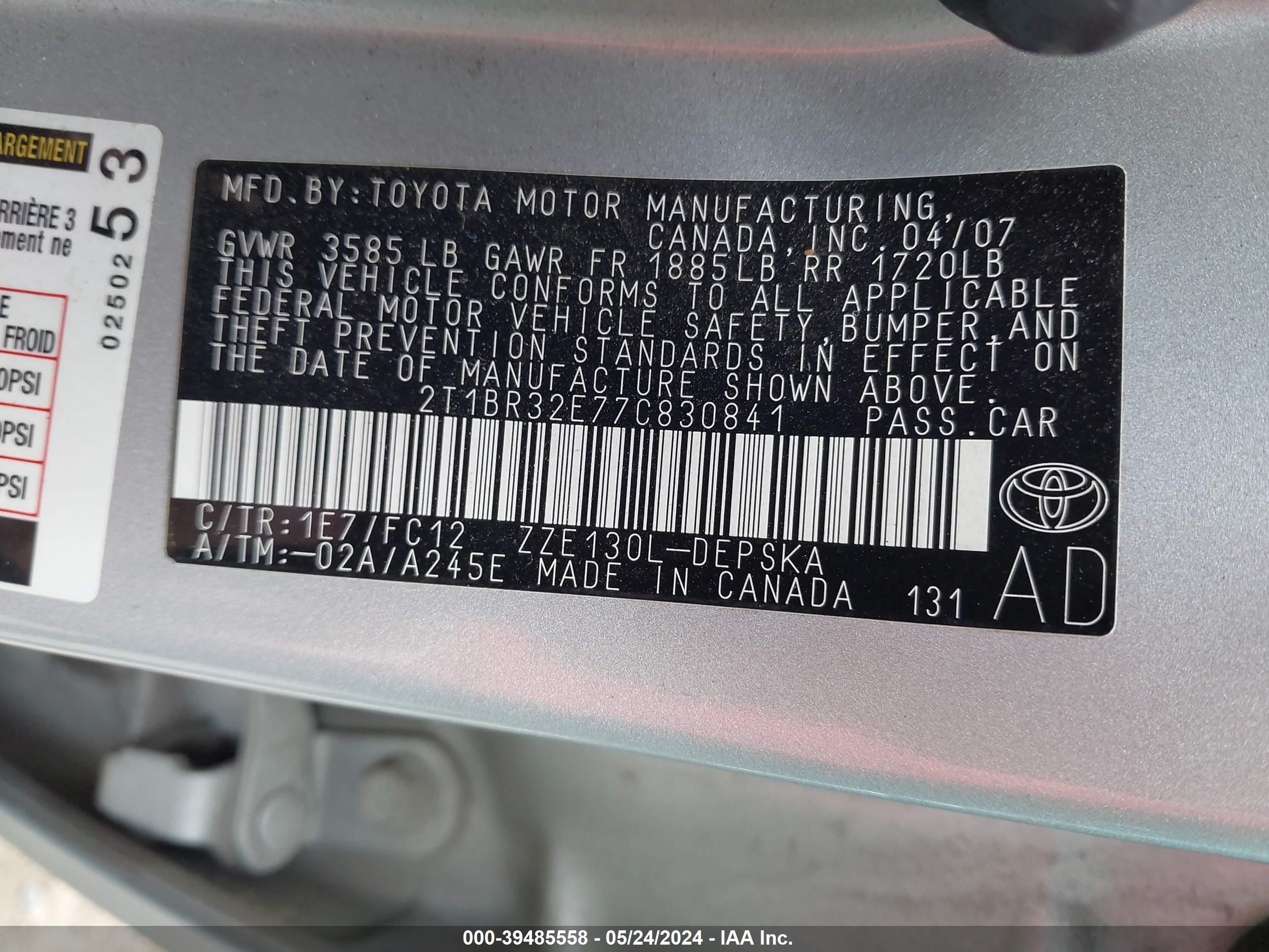 Photo 8 VIN: 2T1BR32E77C830841 - TOYOTA COROLLA 