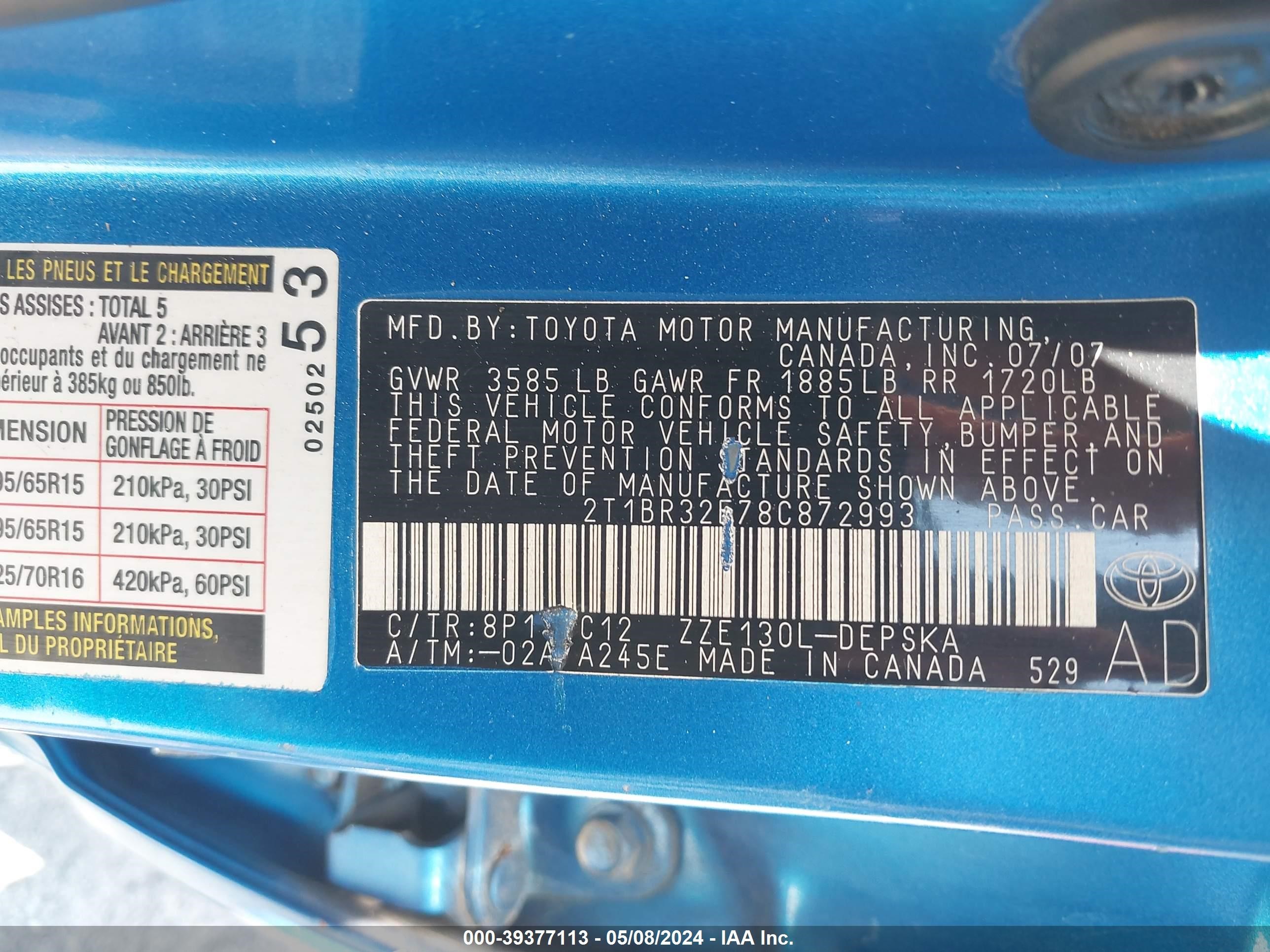 Photo 8 VIN: 2T1BR32E78C872993 - TOYOTA COROLLA 