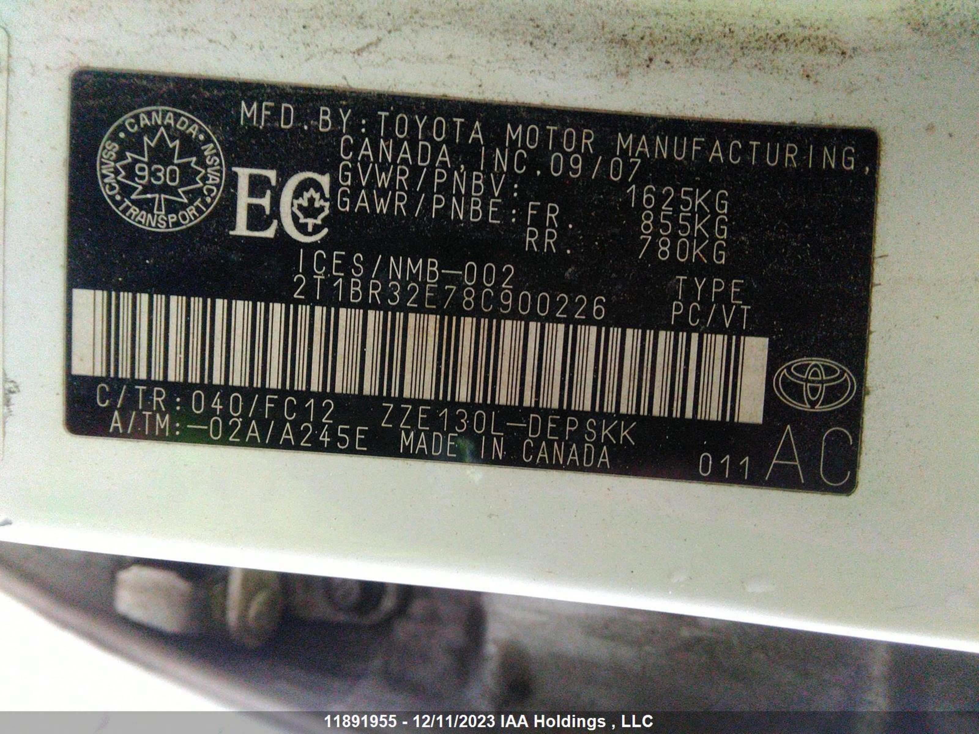 Photo 8 VIN: 2T1BR32E78C900226 - TOYOTA COROLLA 