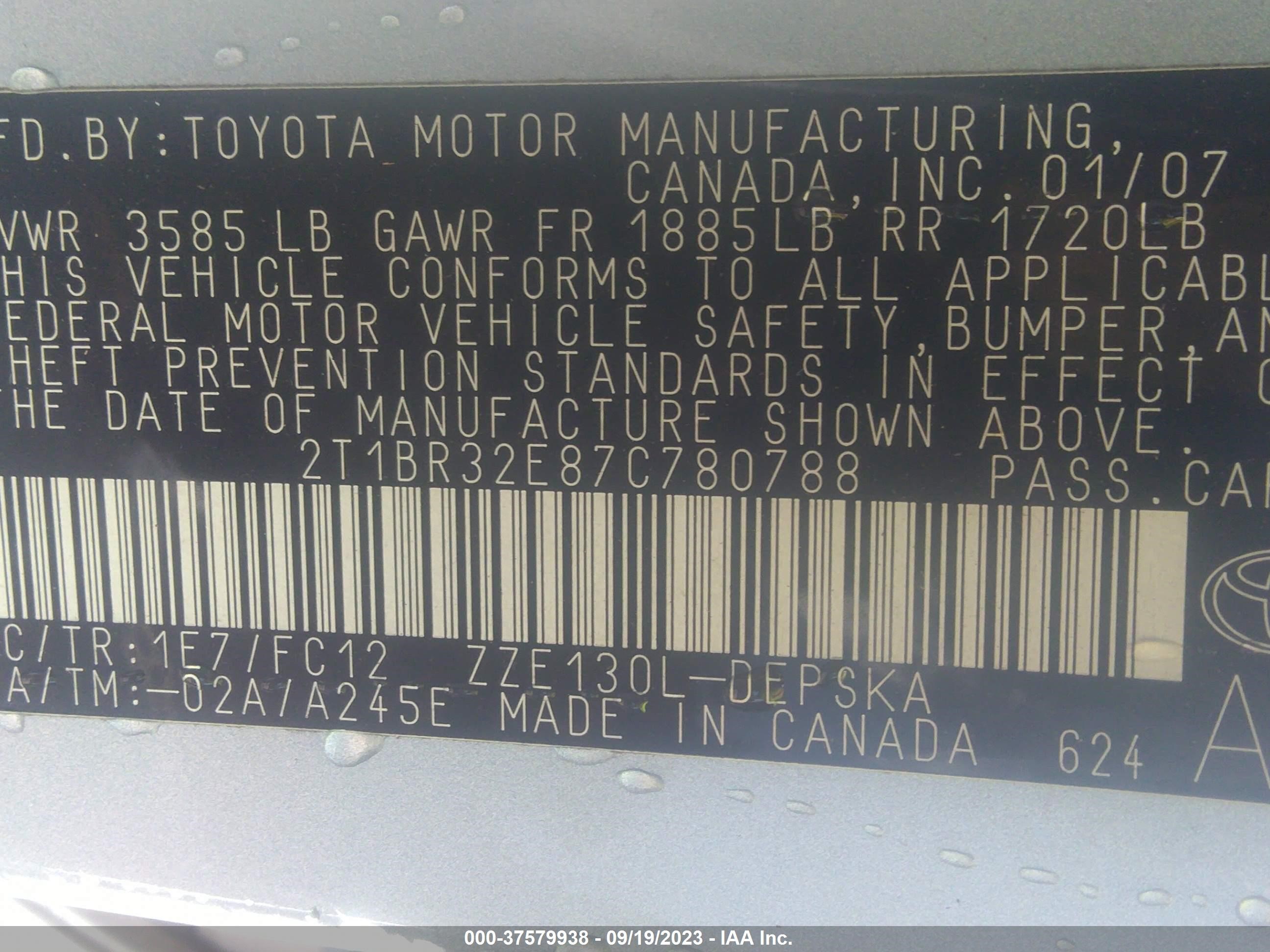 Photo 8 VIN: 2T1BR32E87C780788 - TOYOTA COROLLA 