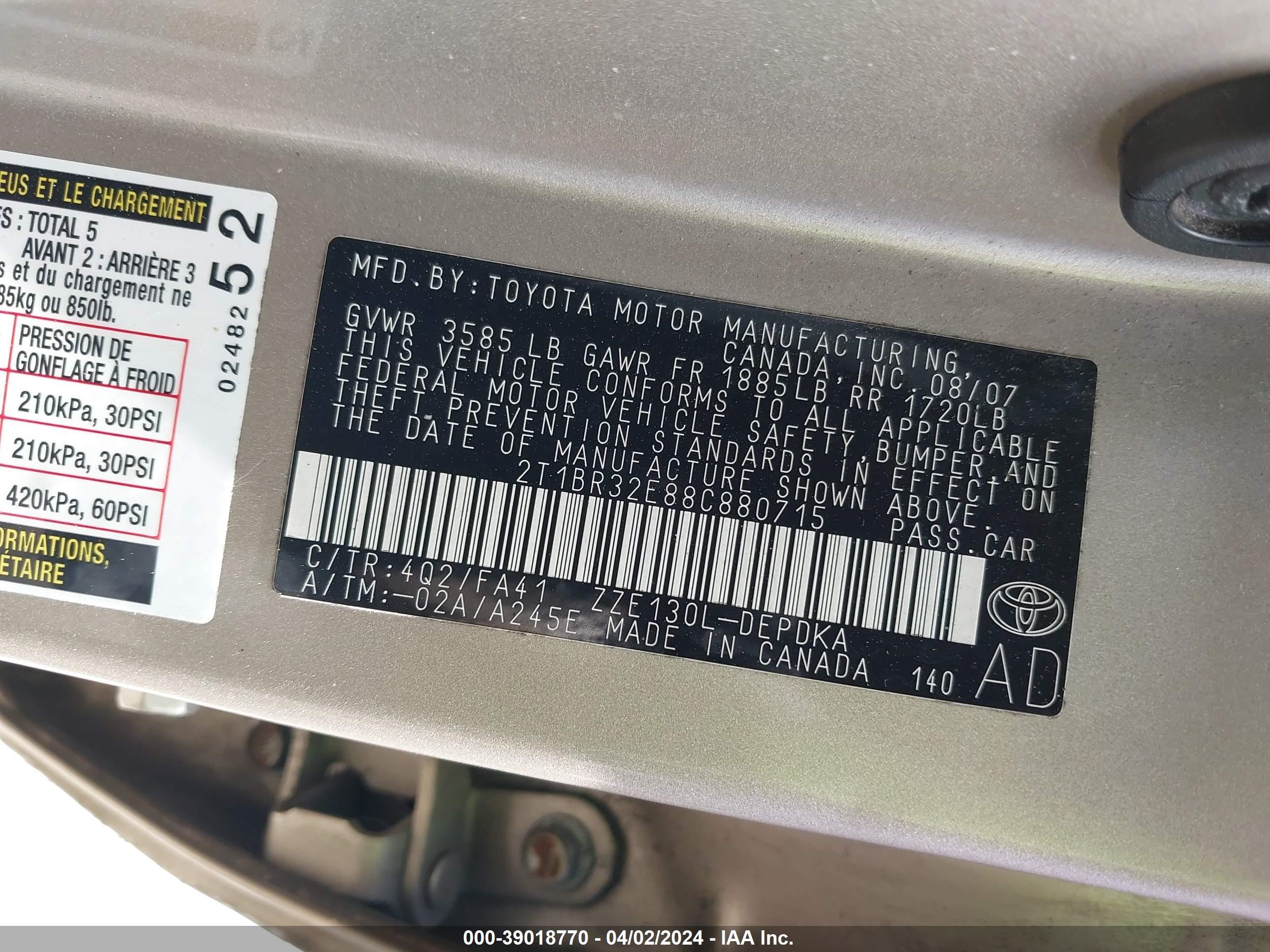 Photo 8 VIN: 2T1BR32E88C880715 - TOYOTA COROLLA 