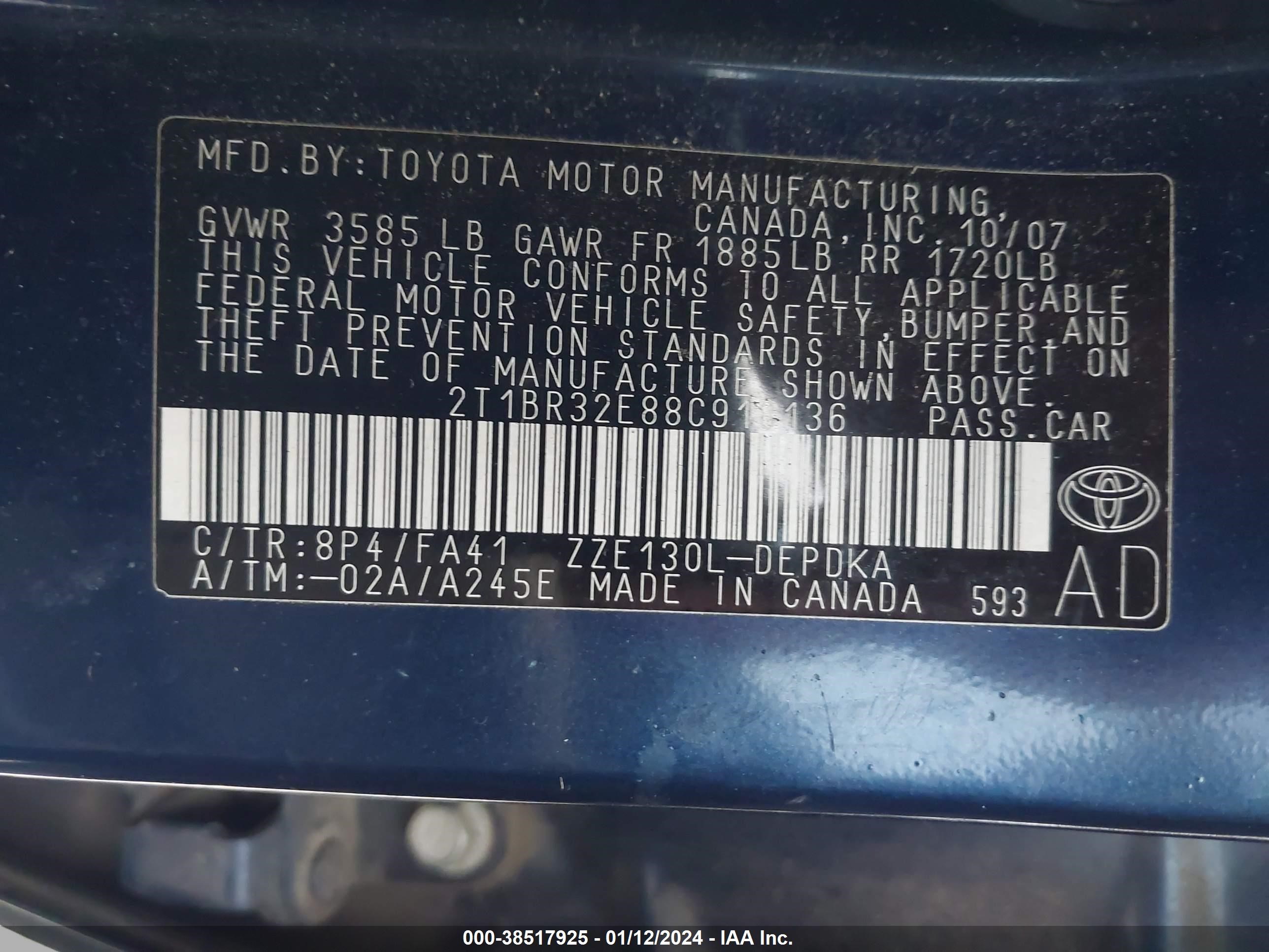 Photo 8 VIN: 2T1BR32E88C918136 - TOYOTA COROLLA 