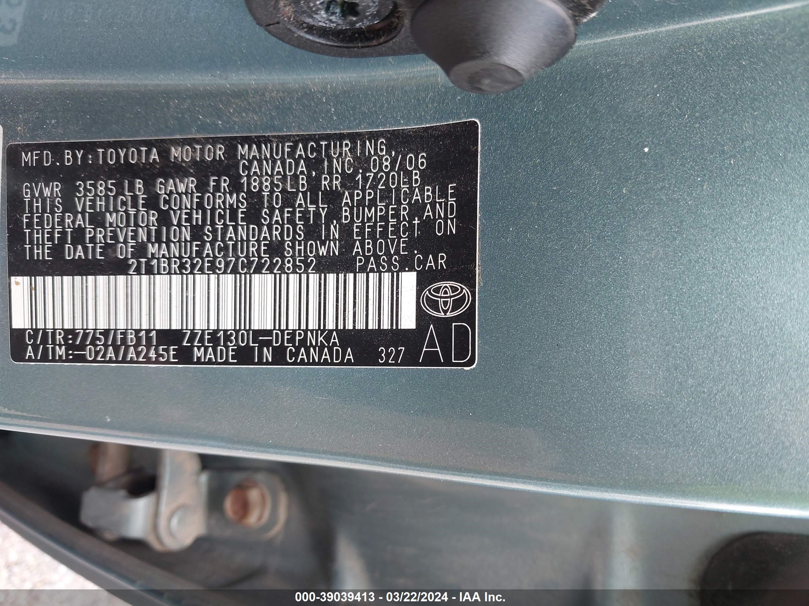 Photo 8 VIN: 2T1BR32E97C722852 - TOYOTA COROLLA 