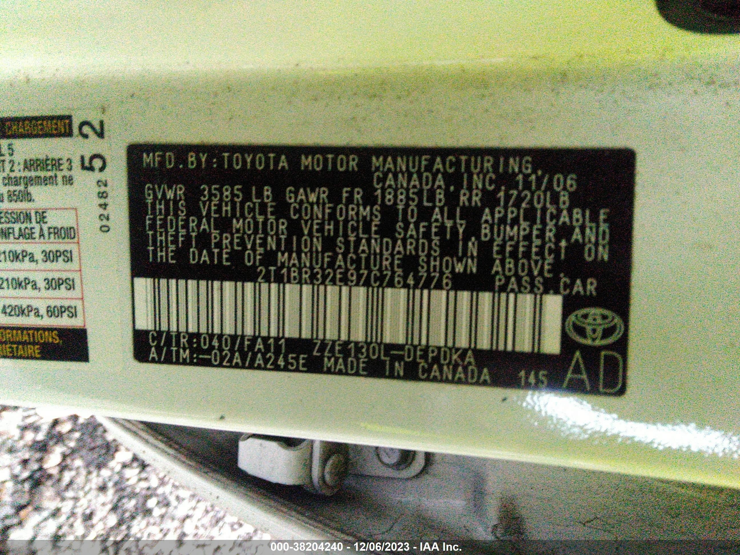 Photo 8 VIN: 2T1BR32E97C764776 - TOYOTA COROLLA 