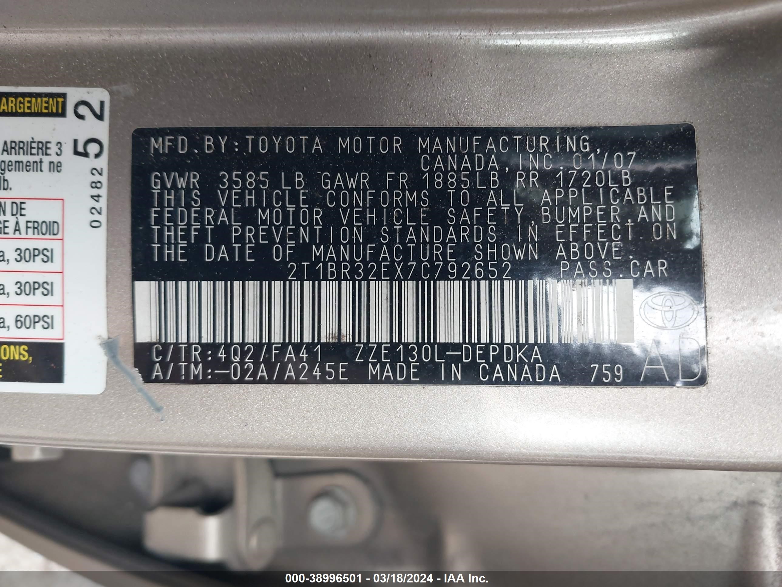 Photo 8 VIN: 2T1BR32EX7C792652 - TOYOTA COROLLA 