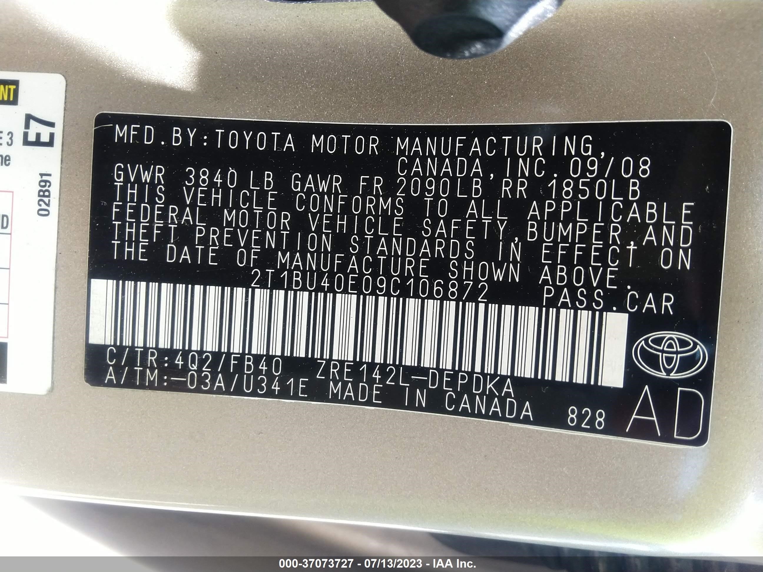 Photo 8 VIN: 2T1BU40E09C106872 - TOYOTA COROLLA 