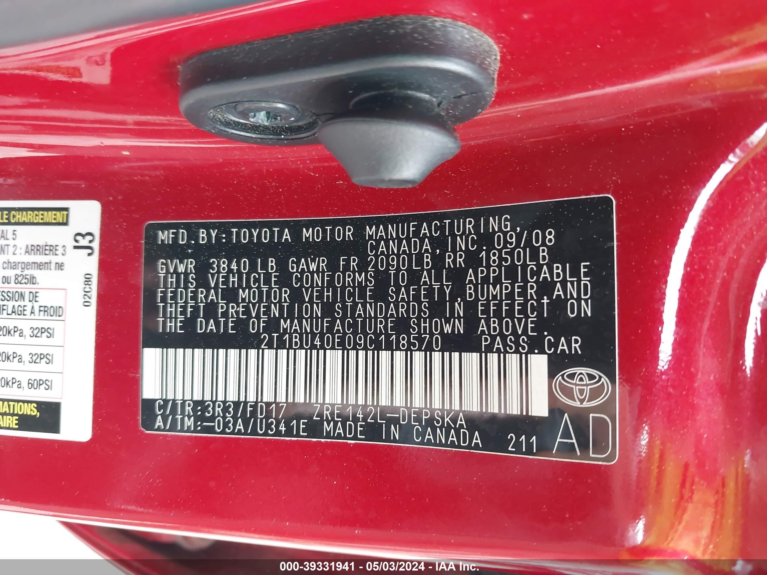 Photo 8 VIN: 2T1BU40E09C118570 - TOYOTA COROLLA 