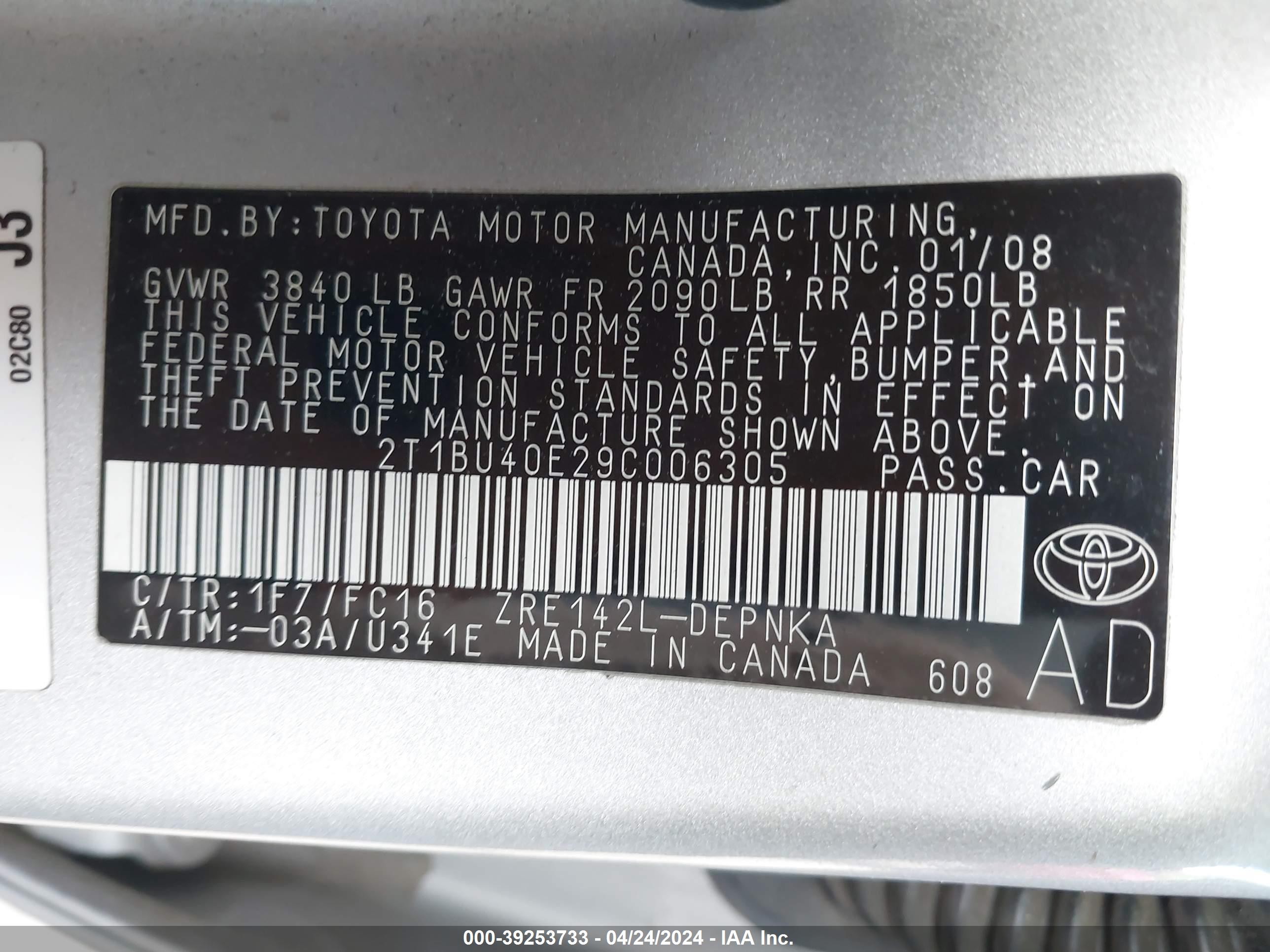 Photo 8 VIN: 2T1BU40E29C006305 - TOYOTA COROLLA 