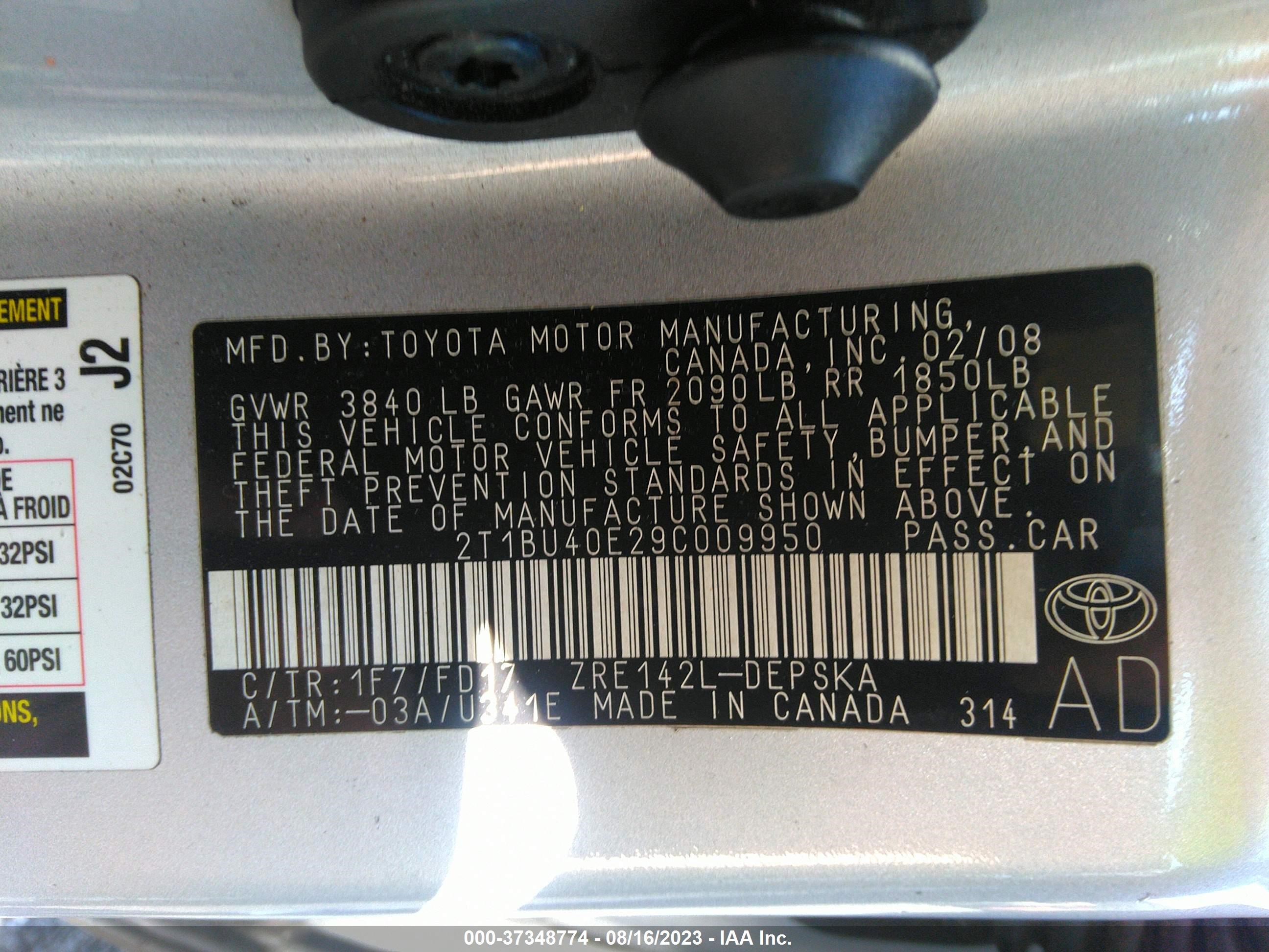 Photo 8 VIN: 2T1BU40E29C009950 - TOYOTA COROLLA 