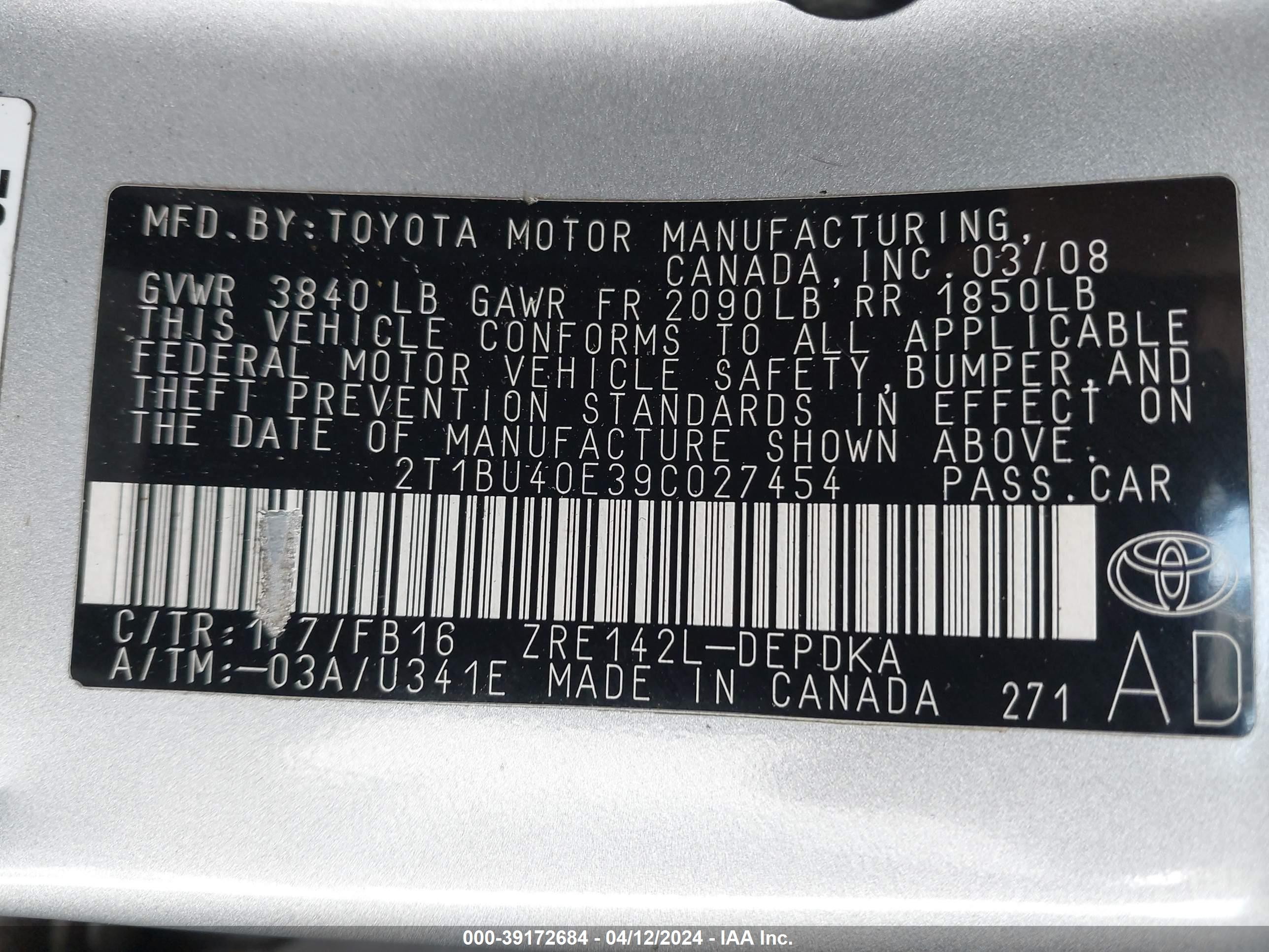 Photo 8 VIN: 2T1BU40E39C027454 - TOYOTA COROLLA 