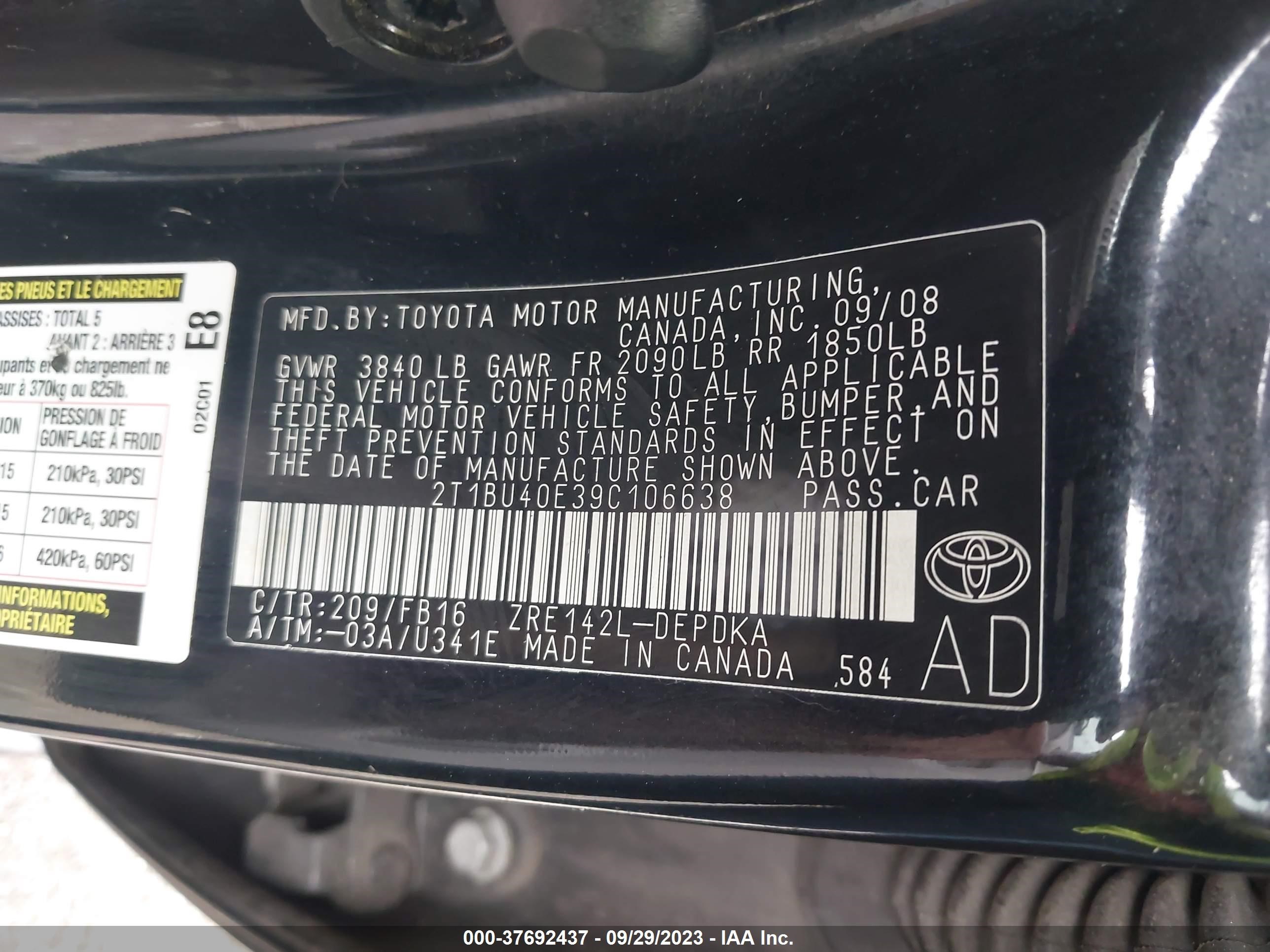 Photo 8 VIN: 2T1BU40E39C106638 - TOYOTA COROLLA 