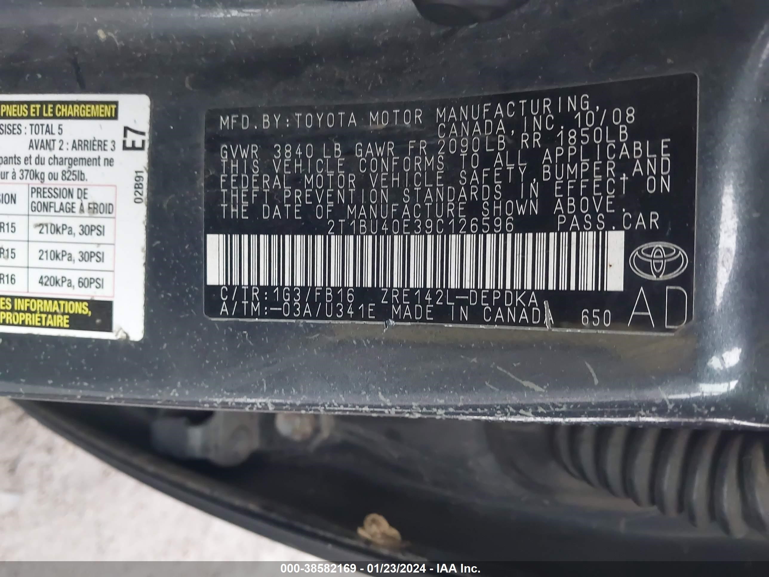 Photo 8 VIN: 2T1BU40E39C126596 - TOYOTA COROLLA 