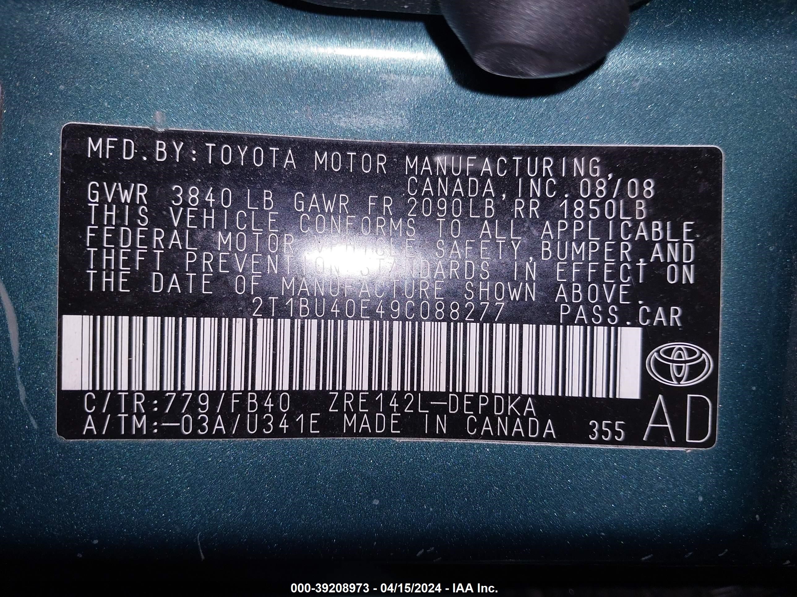 Photo 8 VIN: 2T1BU40E49C088277 - TOYOTA COROLLA 