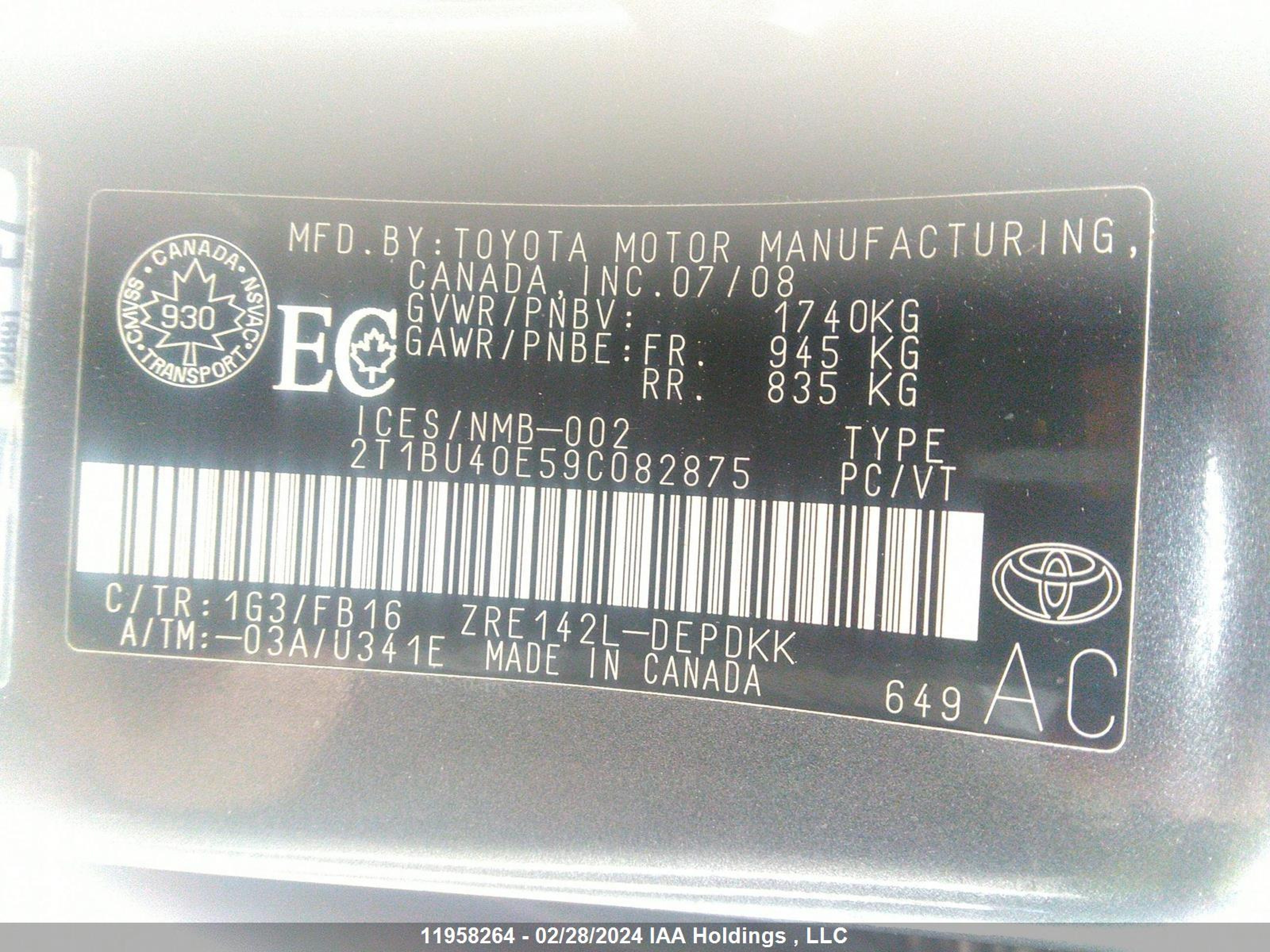 Photo 8 VIN: 2T1BU40E59C082875 - TOYOTA COROLLA 