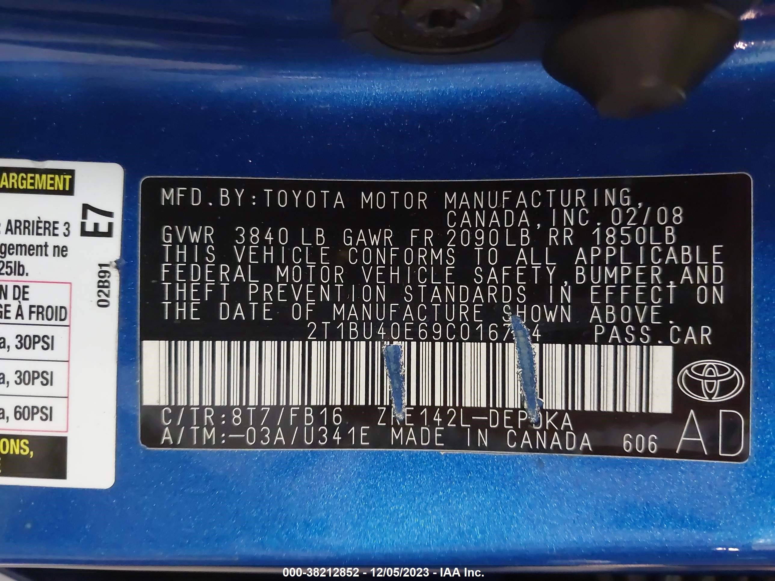 Photo 8 VIN: 2T1BU40E69C016724 - TOYOTA COROLLA 