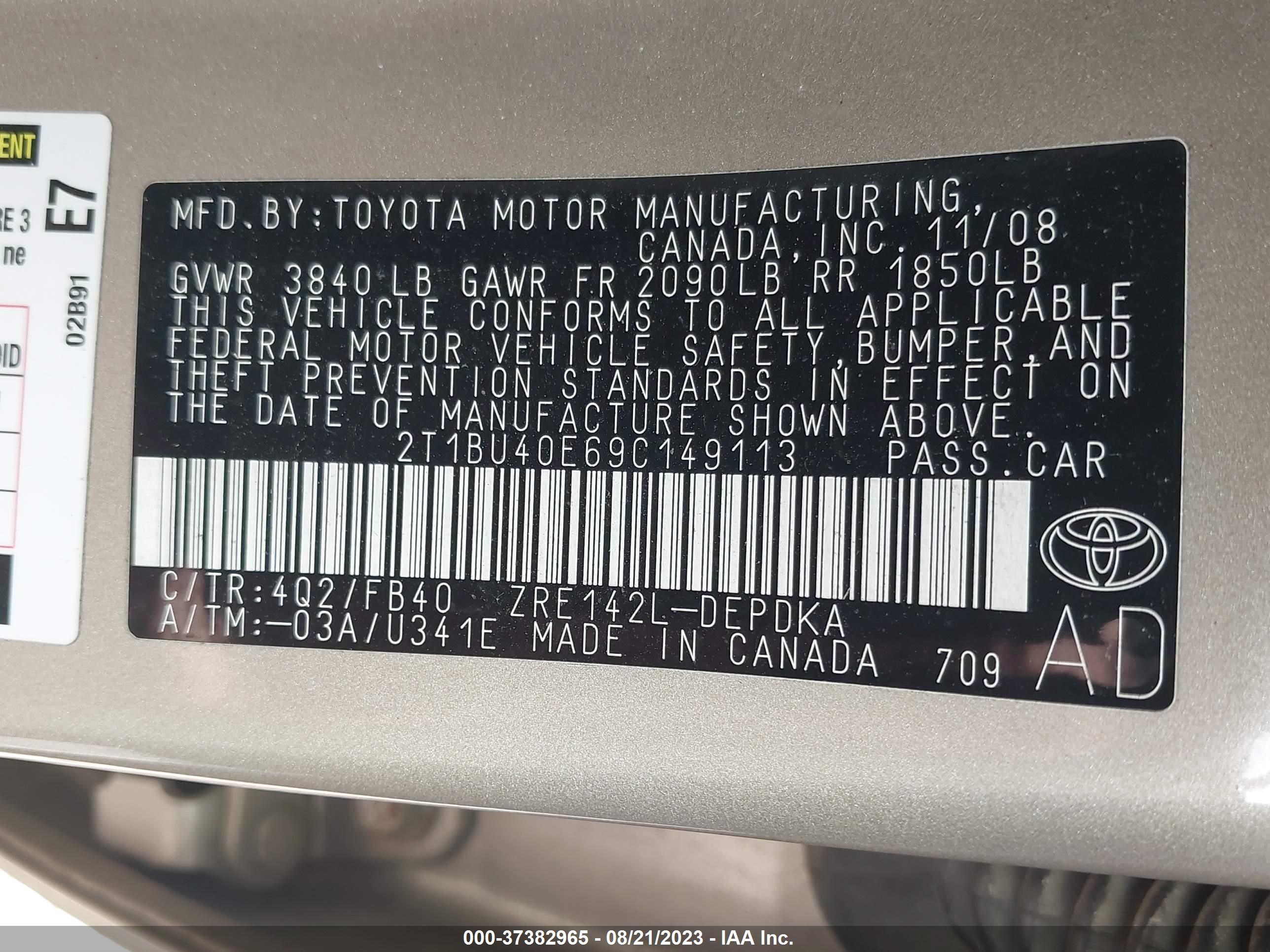 Photo 8 VIN: 2T1BU40E69C149113 - TOYOTA COROLLA 