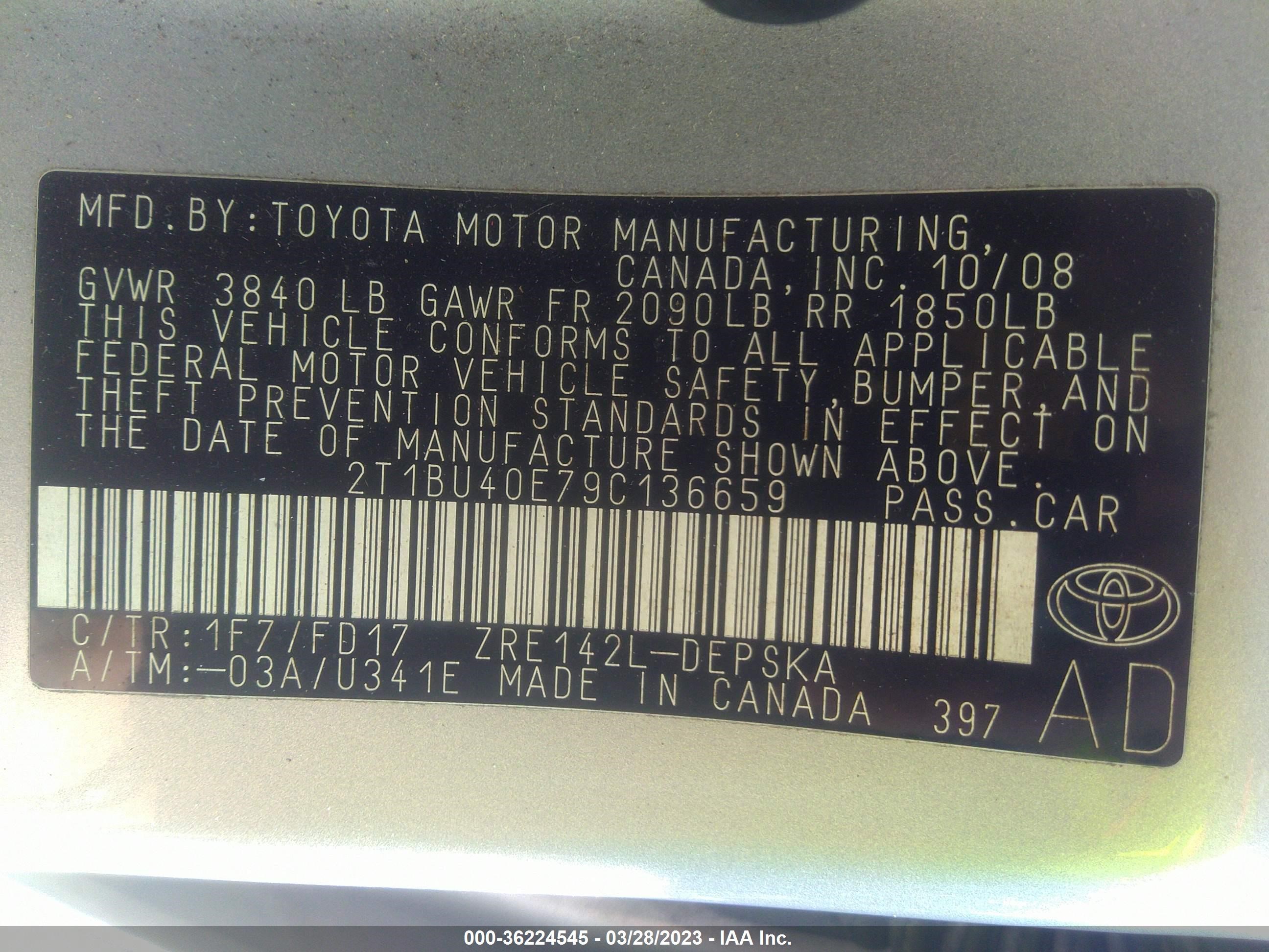 Photo 8 VIN: 2T1BU40E79C136659 - TOYOTA COROLLA 