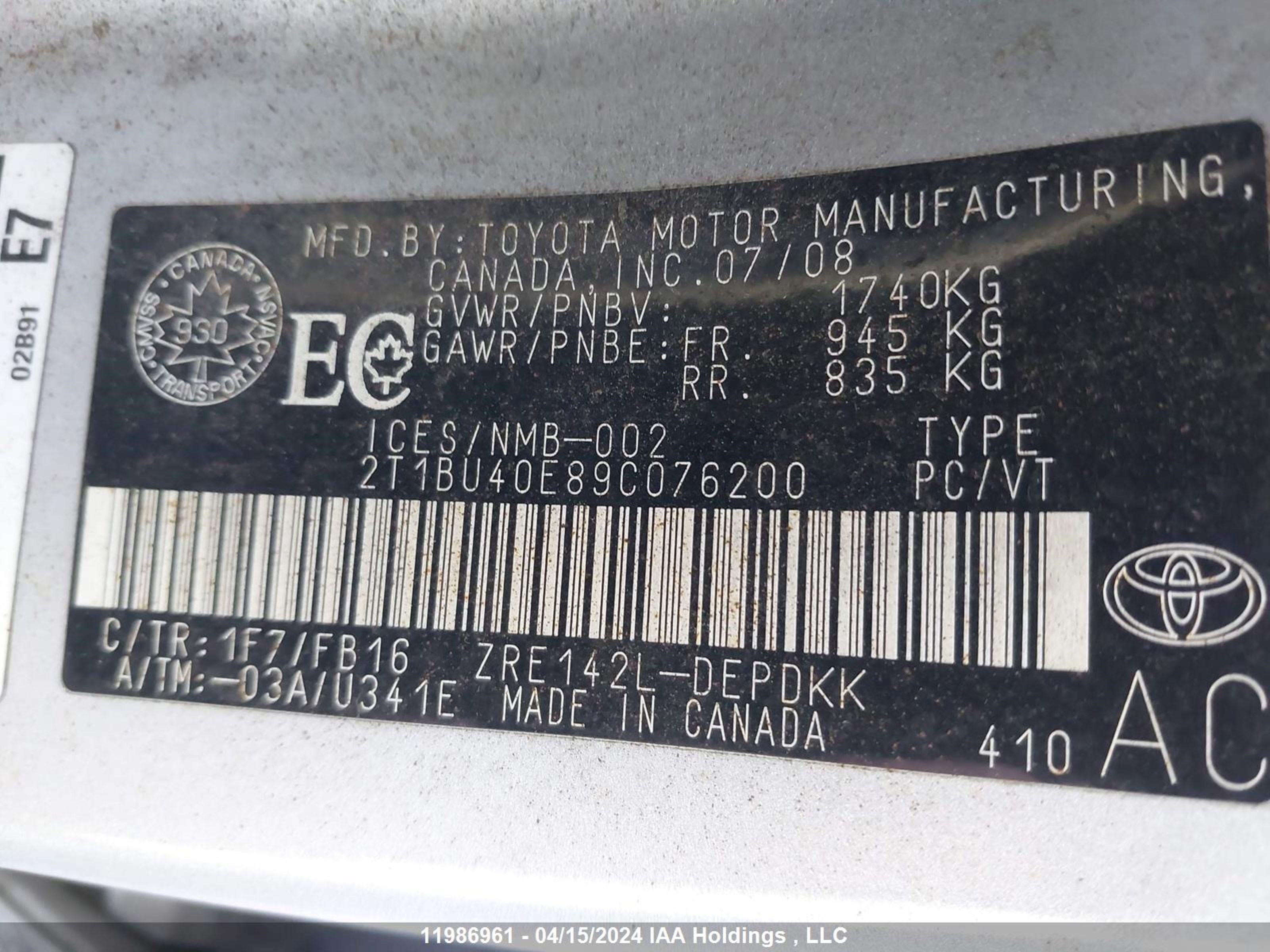 Photo 8 VIN: 2T1BU40E89C076200 - TOYOTA COROLLA 