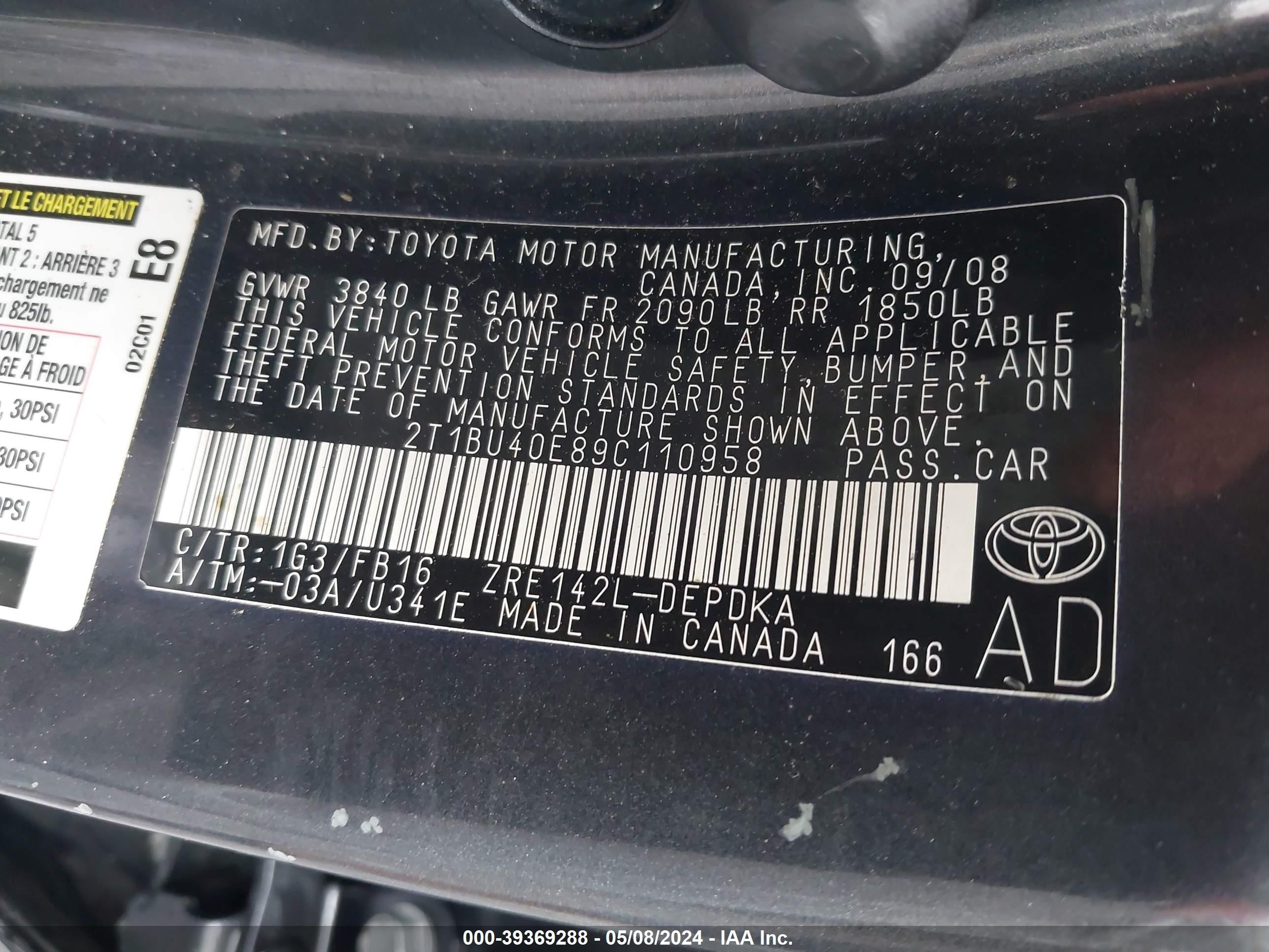 Photo 8 VIN: 2T1BU40E89C110958 - TOYOTA COROLLA 