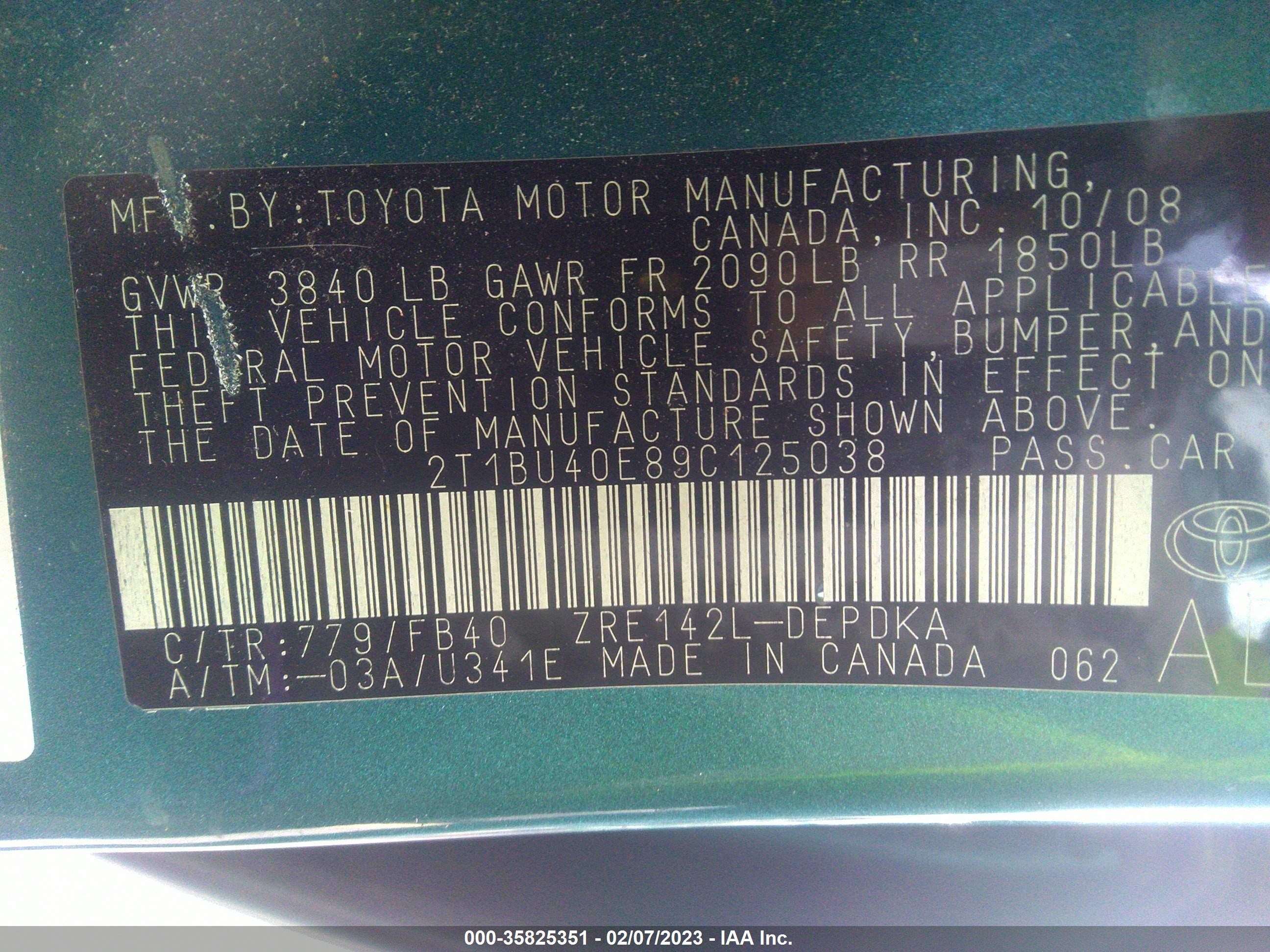 Photo 8 VIN: 2T1BU40E89C125038 - TOYOTA COROLLA 