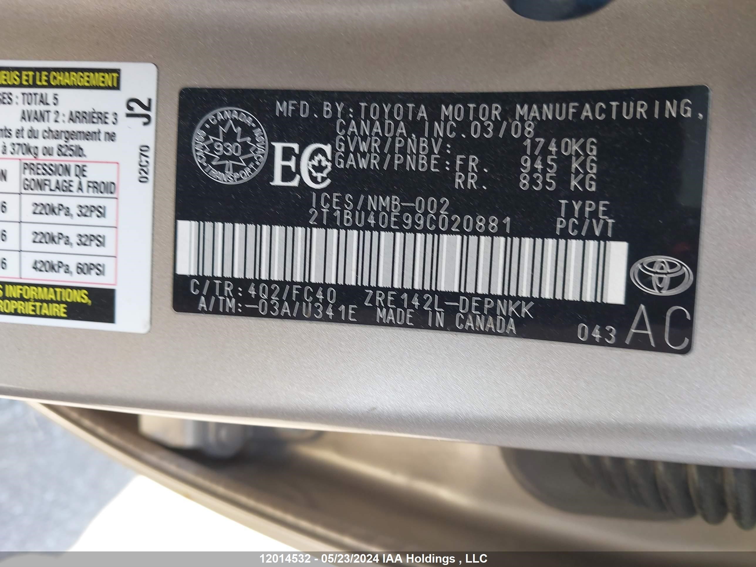 Photo 8 VIN: 2T1BU40E99C020881 - TOYOTA COROLLA 