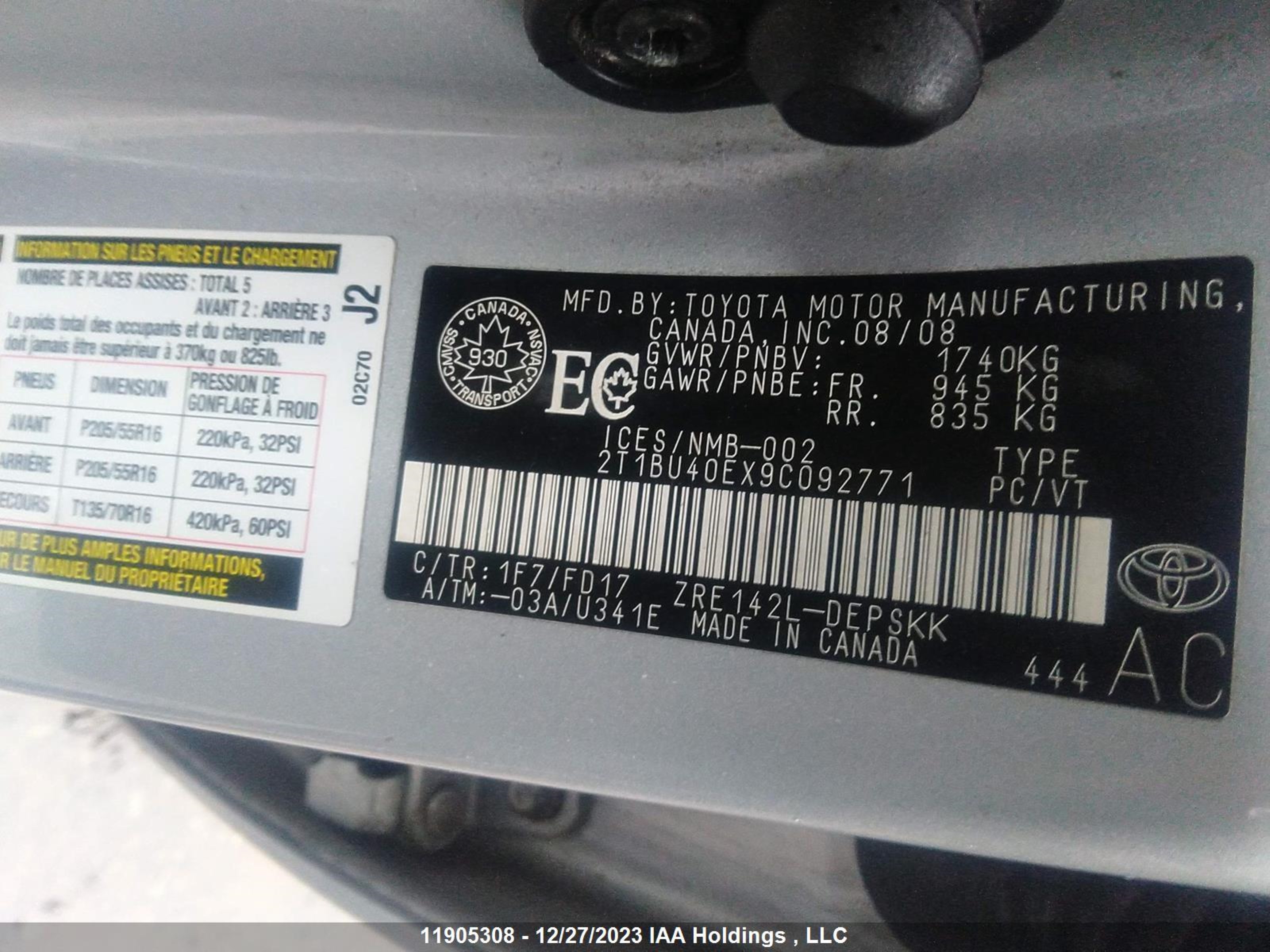 Photo 8 VIN: 2T1BU40EX9C092771 - TOYOTA COROLLA 