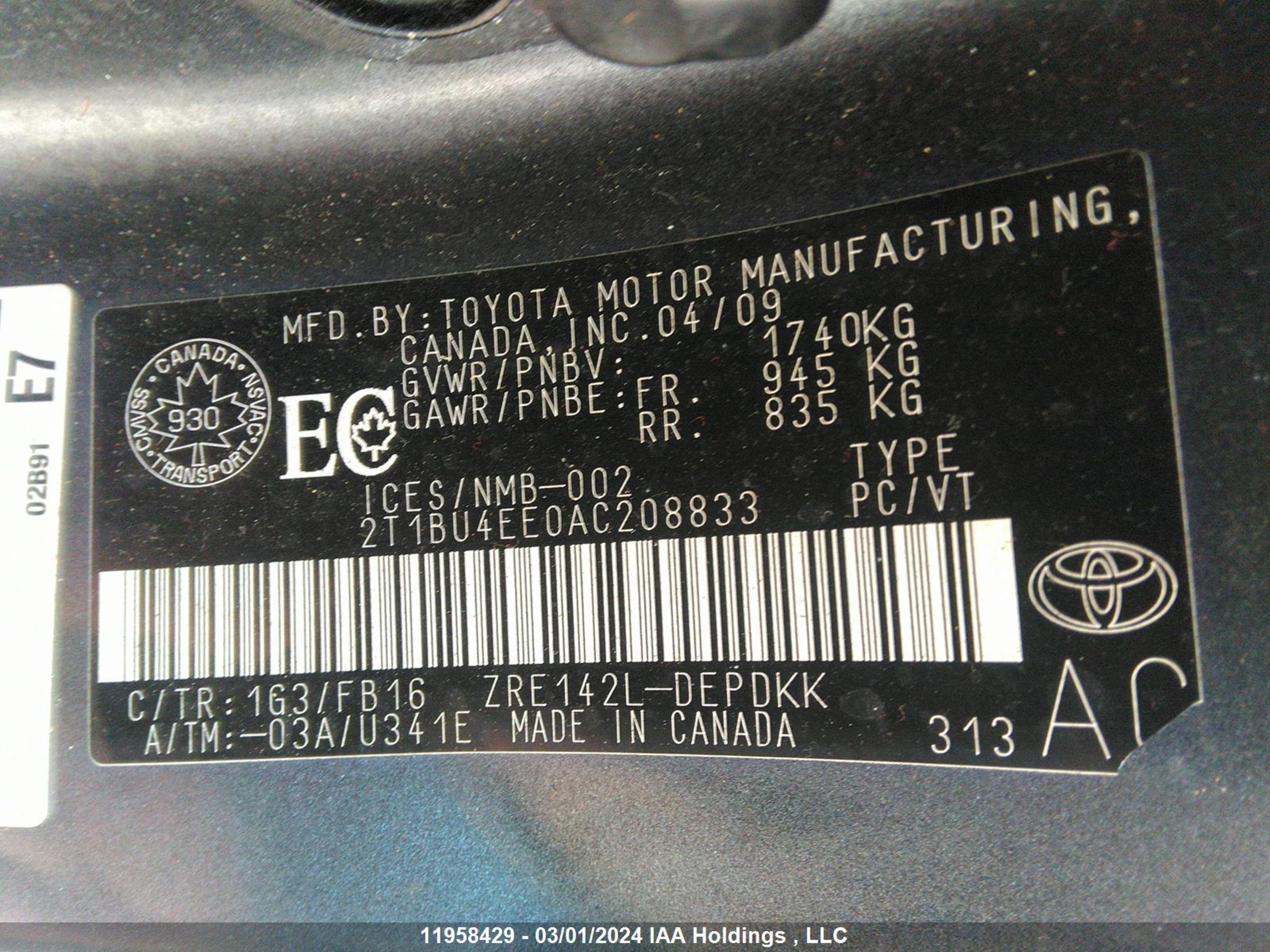 Photo 8 VIN: 2T1BU4EE0AC208833 - TOYOTA COROLLA 