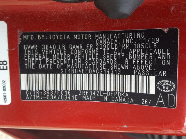 Photo 9 VIN: 2T1BU4EE0AC314313 - TOYOTA COROLLA BA 