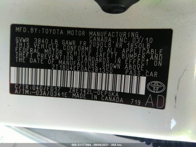 Photo 8 VIN: 2T1BU4EE0AC381350 - TOYOTA COROLLA 