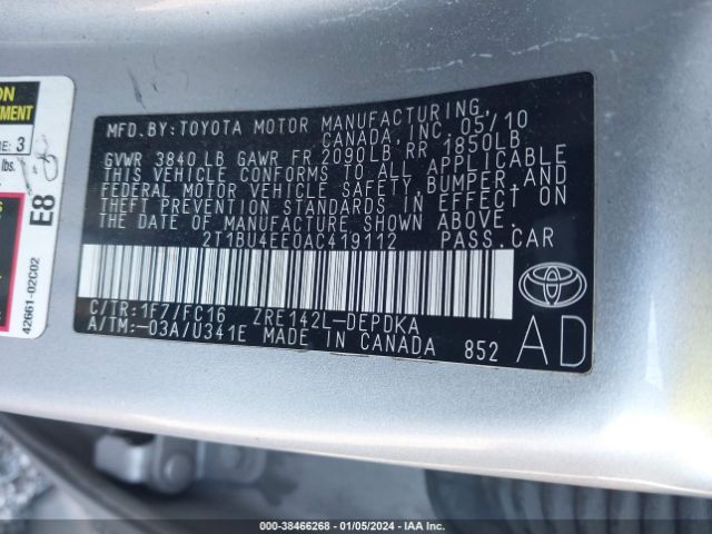 Photo 8 VIN: 2T1BU4EE0AC419112 - TOYOTA COROLLA 