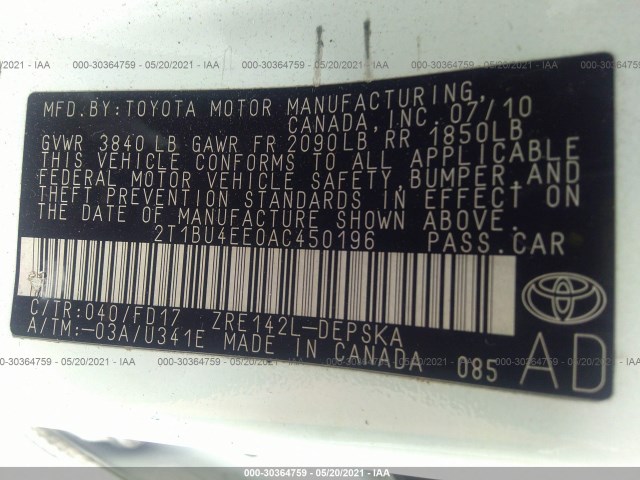 Photo 8 VIN: 2T1BU4EE0AC450196 - TOYOTA COROLLA 