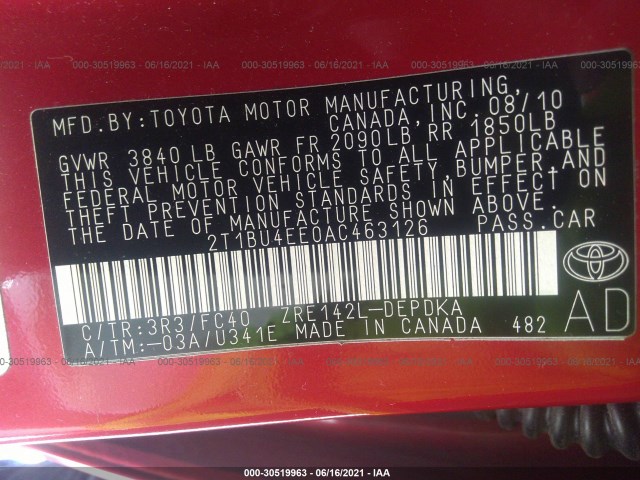 Photo 8 VIN: 2T1BU4EE0AC463126 - TOYOTA COROLLA 