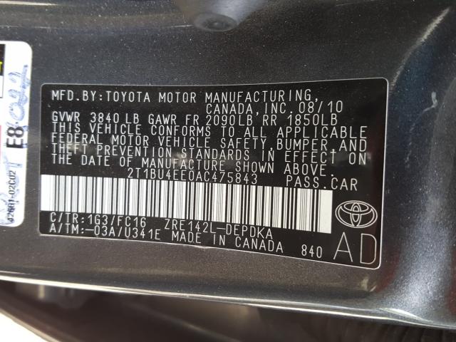 Photo 9 VIN: 2T1BU4EE0AC475843 - TOYOTA COROLLA BA 