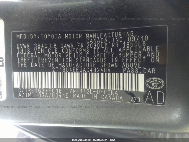 Photo 8 VIN: 2T1BU4EE0AC482484 - TOYOTA COROLLA 