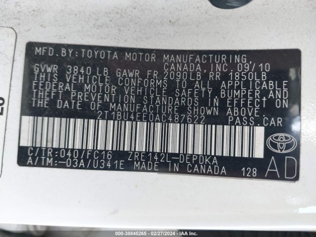 Photo 8 VIN: 2T1BU4EE0AC487622 - TOYOTA COROLLA 