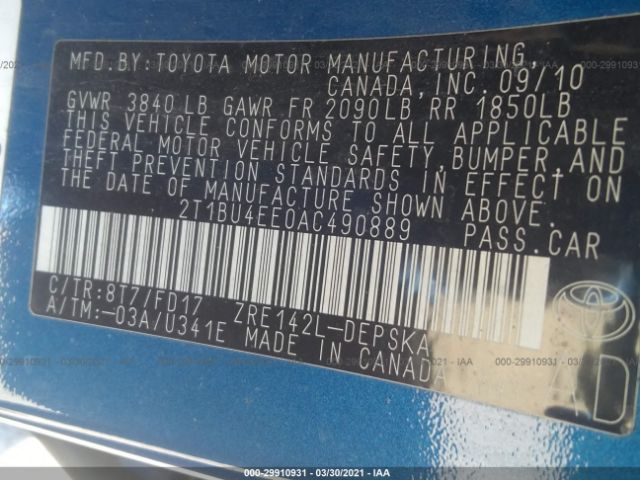 Photo 8 VIN: 2T1BU4EE0AC490889 - TOYOTA COROLLA 