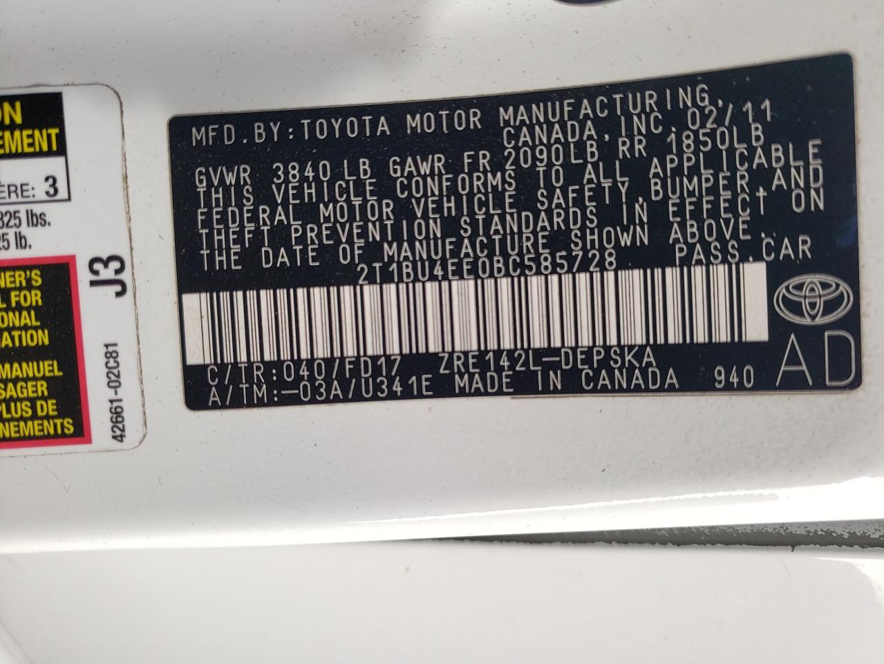 Photo 12 VIN: 2T1BU4EE0BC585728 - TOYOTA COROLLA 