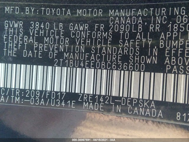 Photo 8 VIN: 2T1BU4EE0BC636600 - TOYOTA COROLLA 