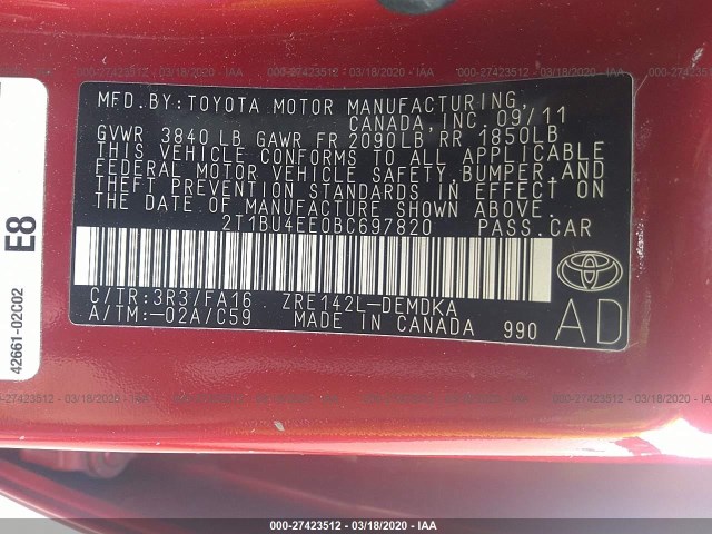 Photo 8 VIN: 2T1BU4EE0BC697820 - TOYOTA COROLLA 